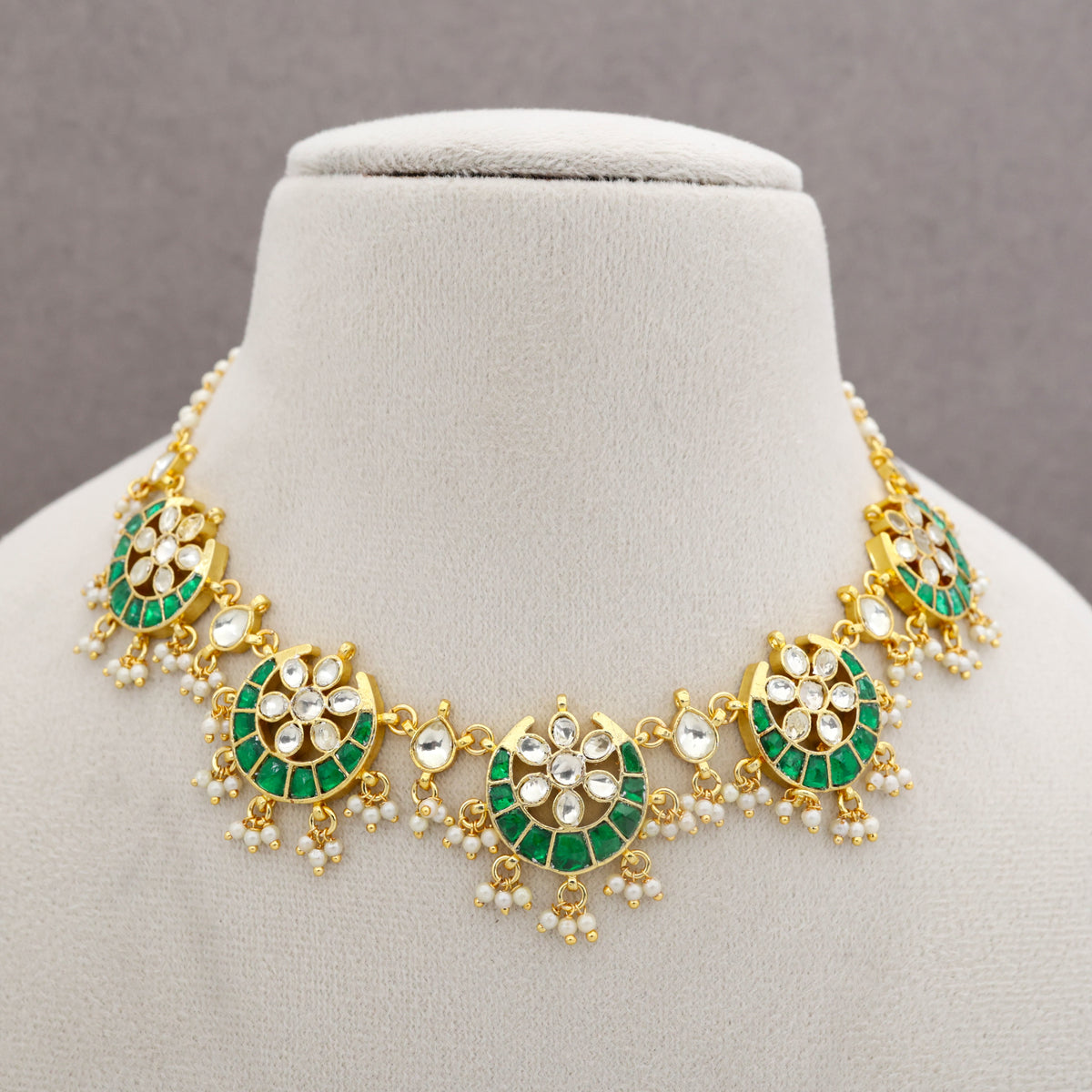 Premium Pachi Kundan Gold Tine Chaand Flower Bridal Necklace - Green