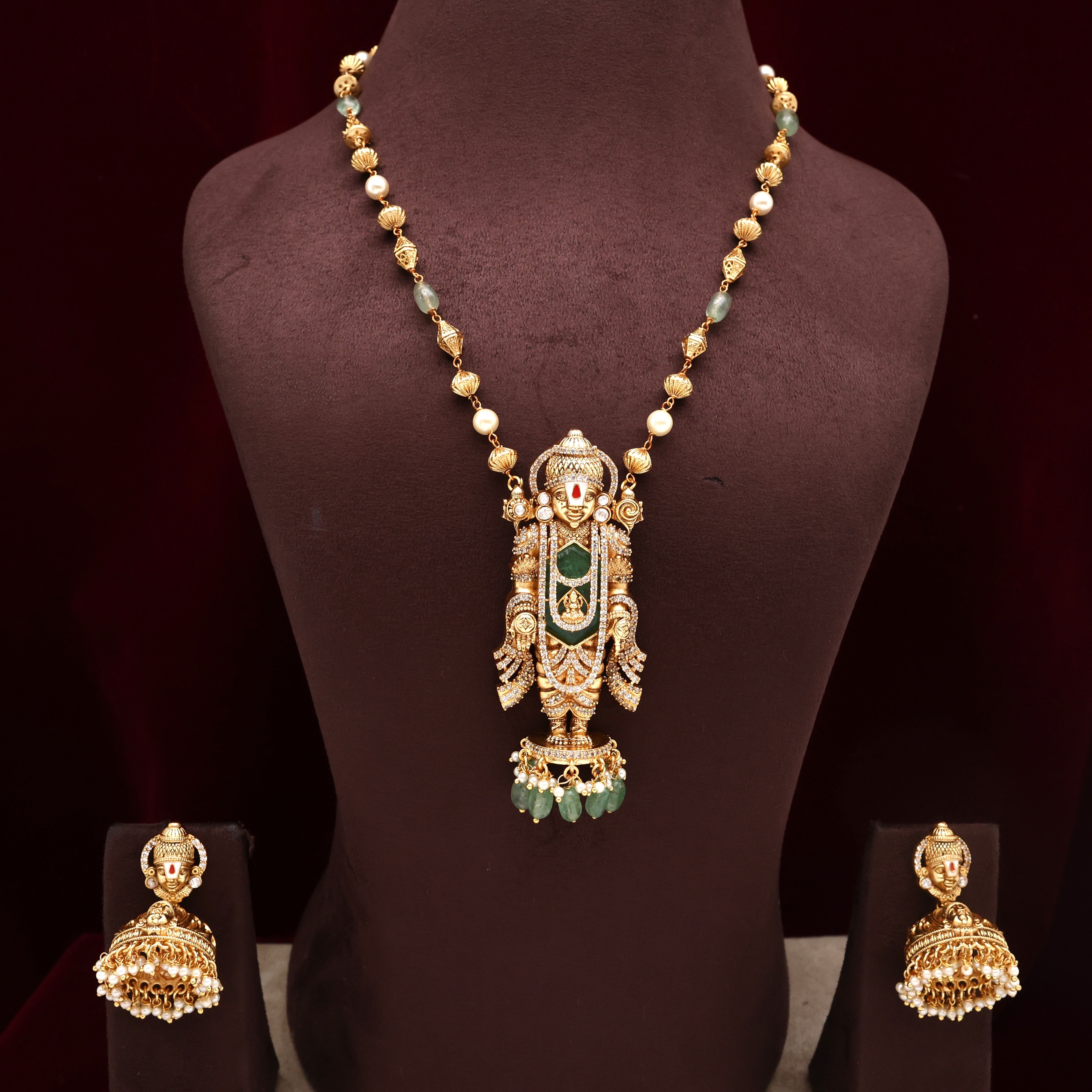 Gold Look Antique Nagas Detachable Venkateshwara Pendant Balls Necklace Set