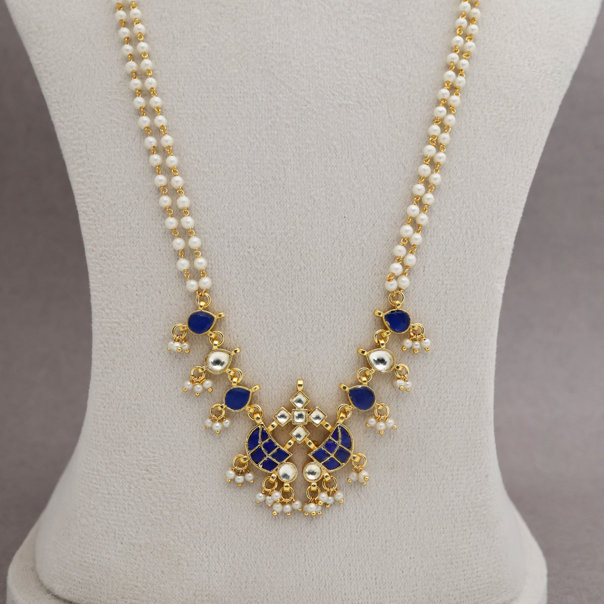 Premium Pachi Kundan Gold Tone Double Pearl Line Butterfly Pendant Haaram - Blue & White