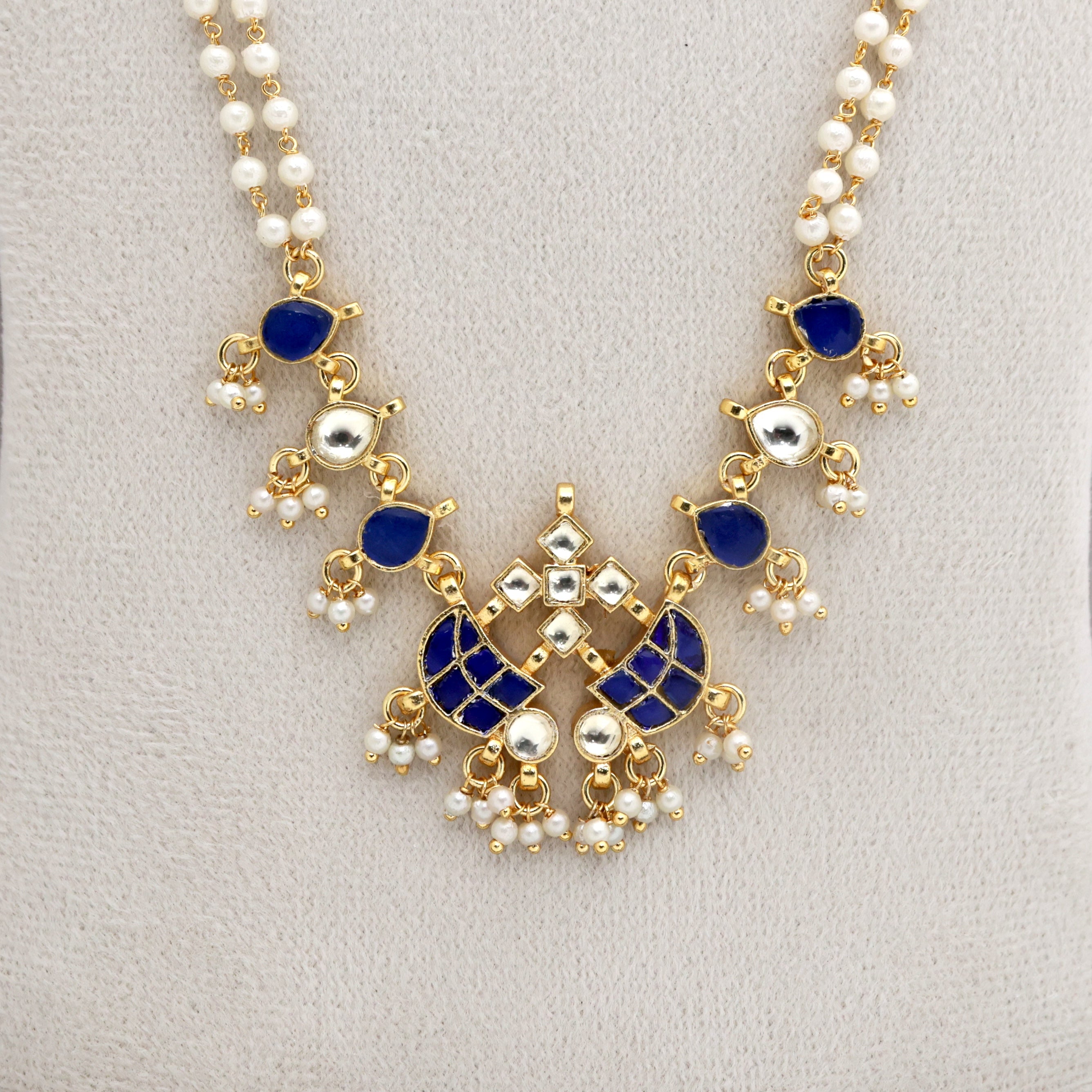 Premium Pachi Kundan Gold Tone Double Pearl Line Butterfly Pendant Haaram - Blue & White