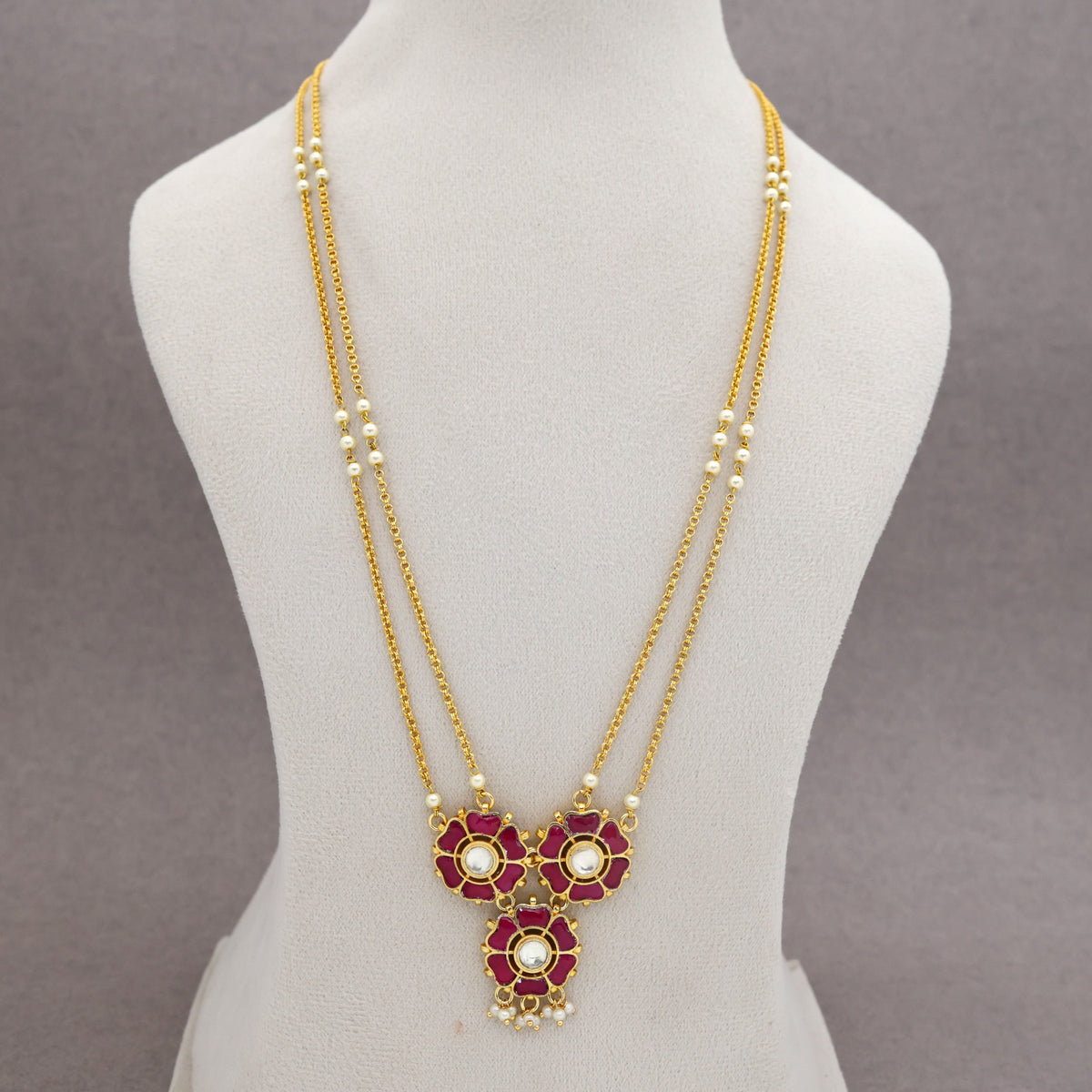Premium Pachi Kundan Gold Tone Long Double Layer 3 Flower Haaram