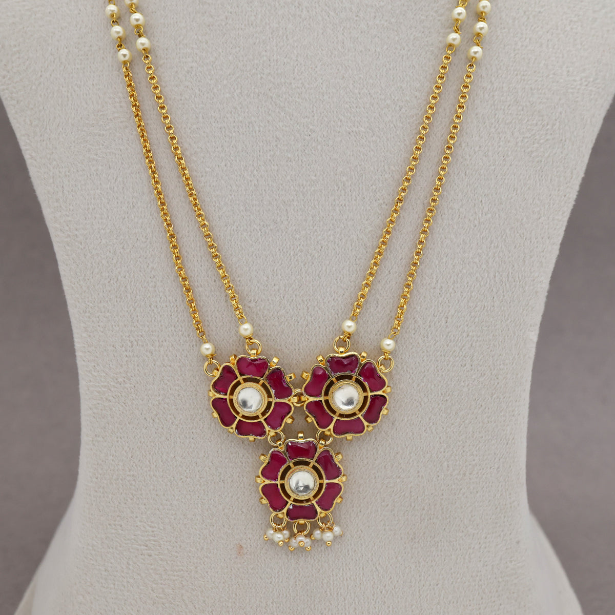 Premium Pachi Kundan Gold Tone Long Double Layer 3 Flower Haaram
