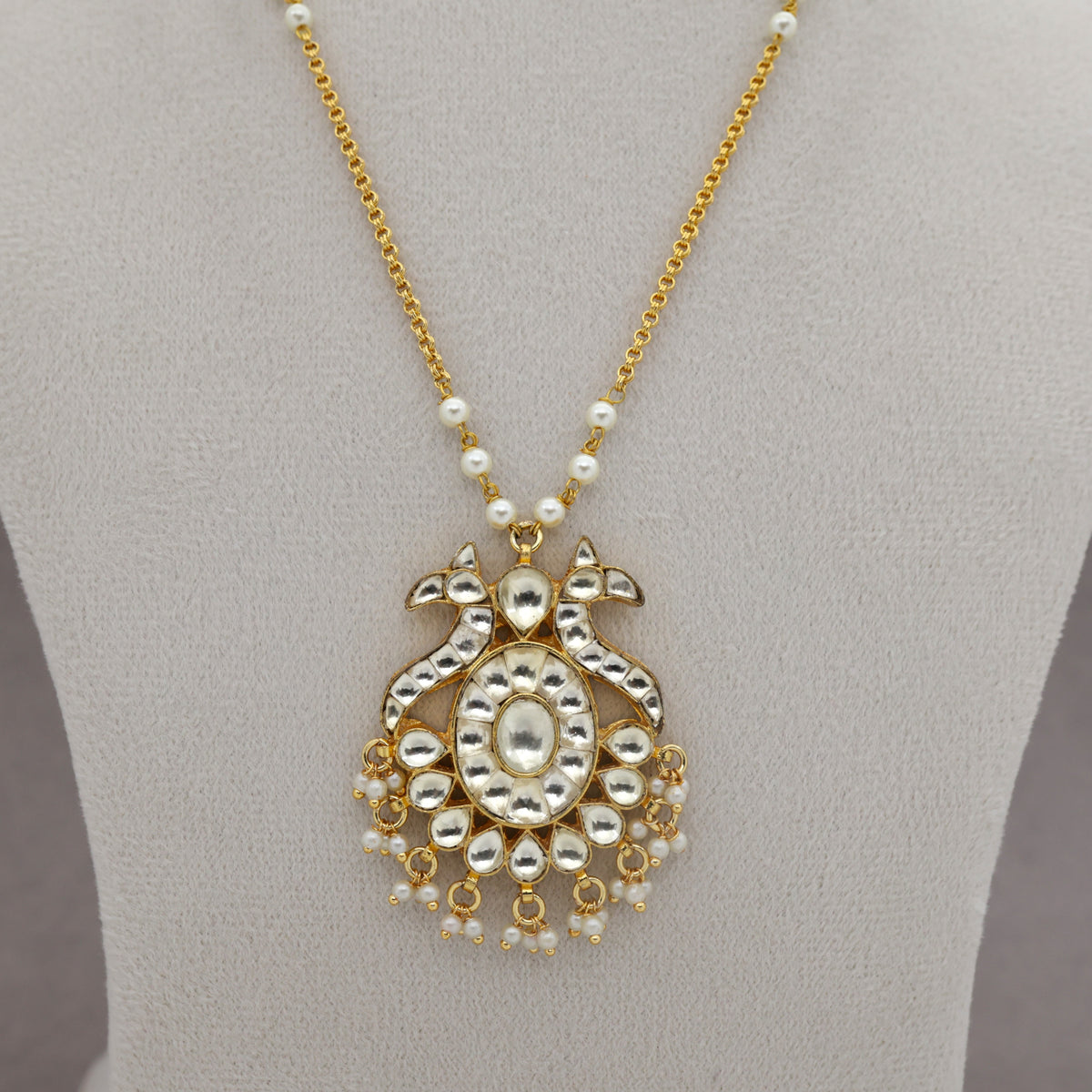Premium Pachi Kundan Gold Tone Rettapakshi Flower Pendant Mala