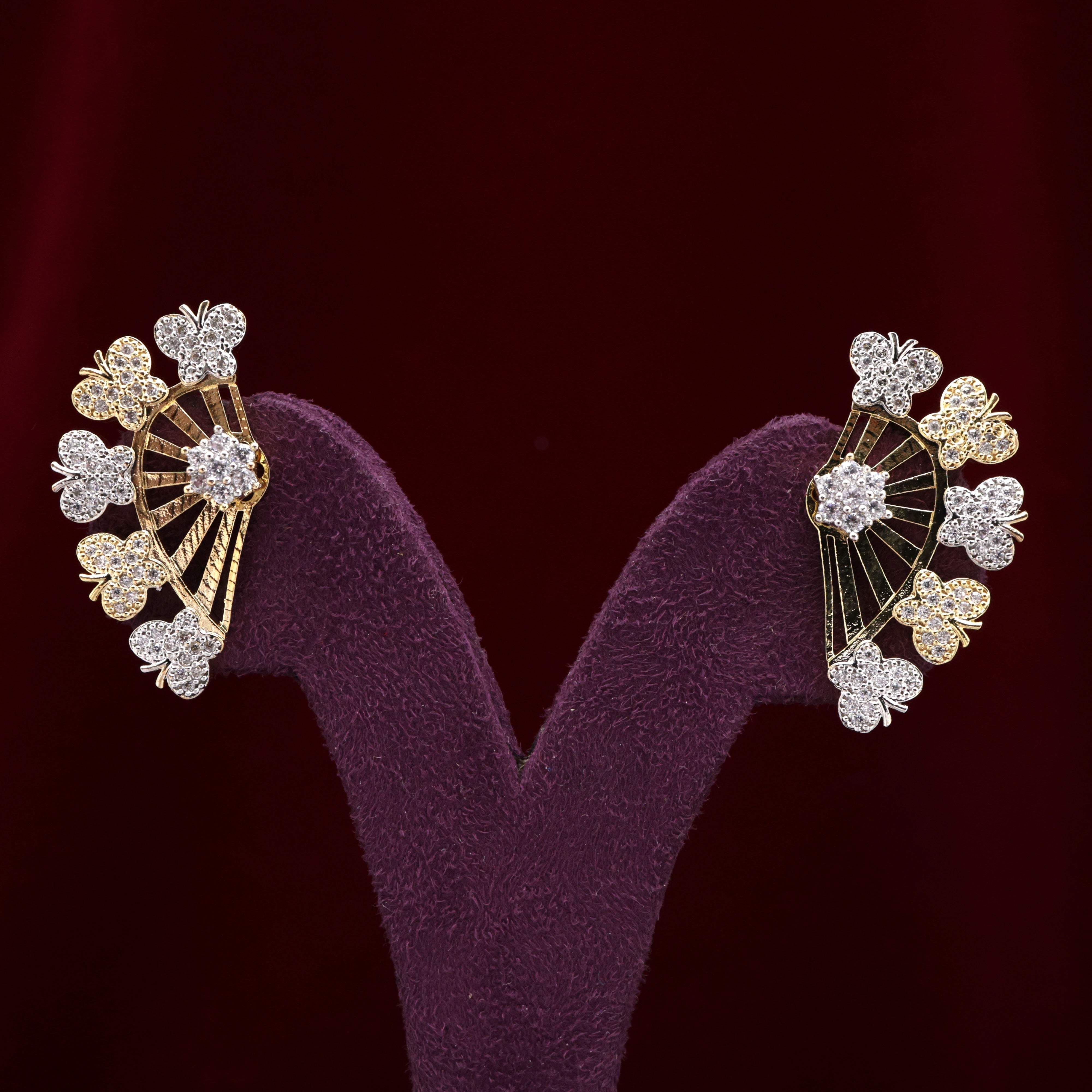 Gold Tone AD Diamond Heart Flower Petals Earcuff Earrings