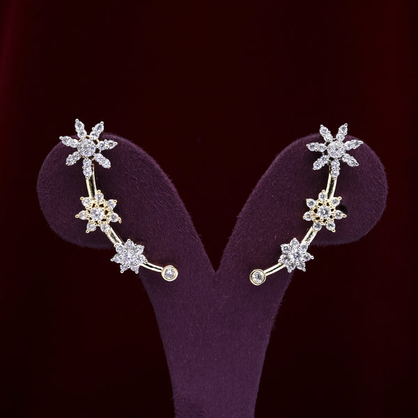 Gold Tone AD Diamond Look 3 Star Flowers Earcuff Earrings