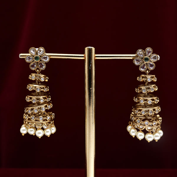 AD Antique Swirl Tower Jhumkas - Green