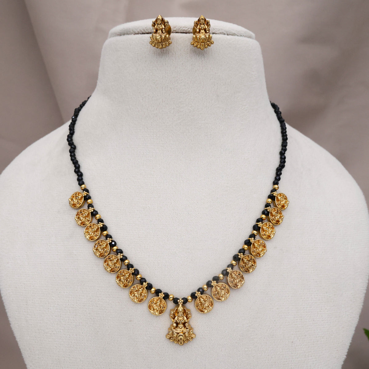 Real Gold Look Black Beads Lakshmi Pendant Coin Necklace Set
