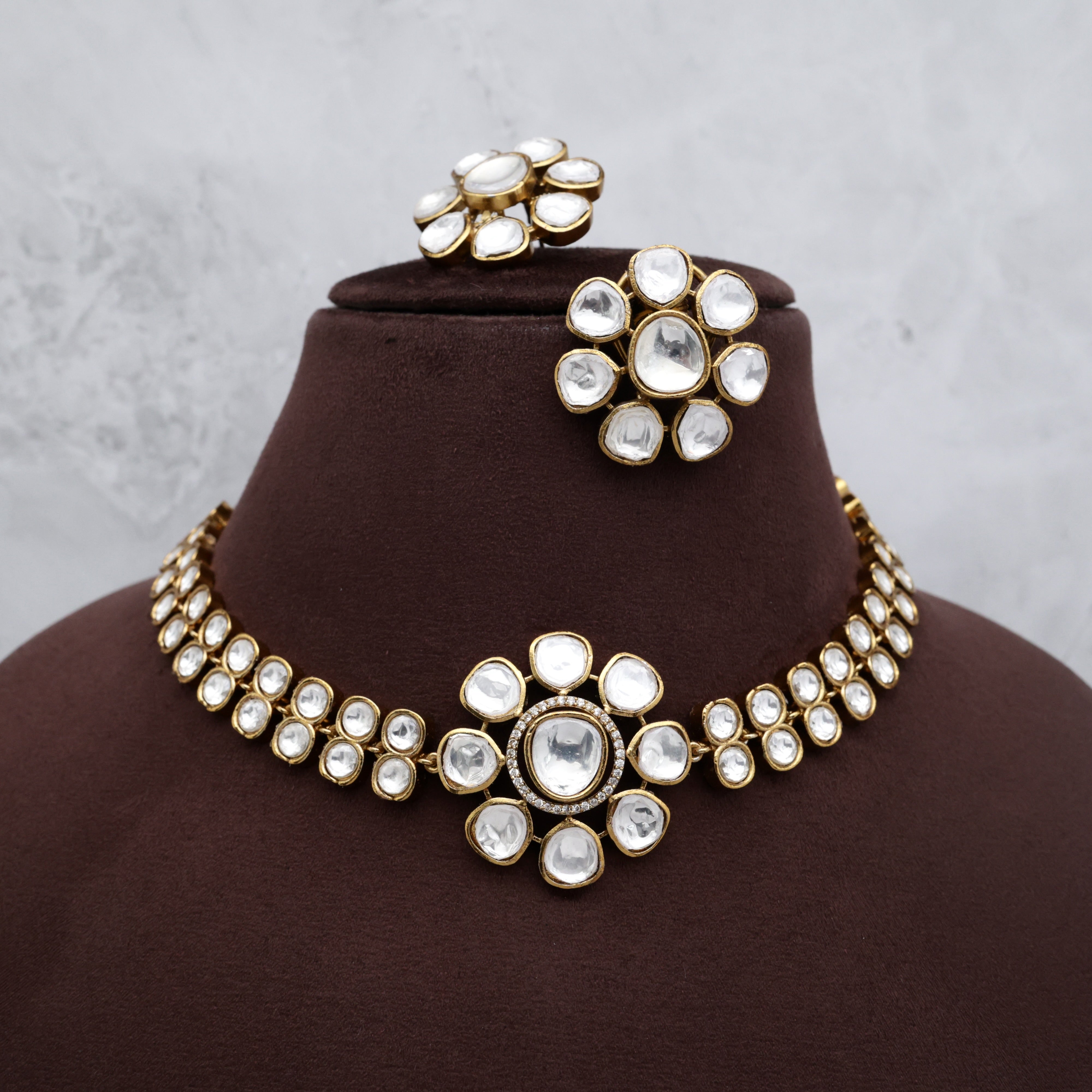 Kundan Flower Double Layer Drops Necklace Set