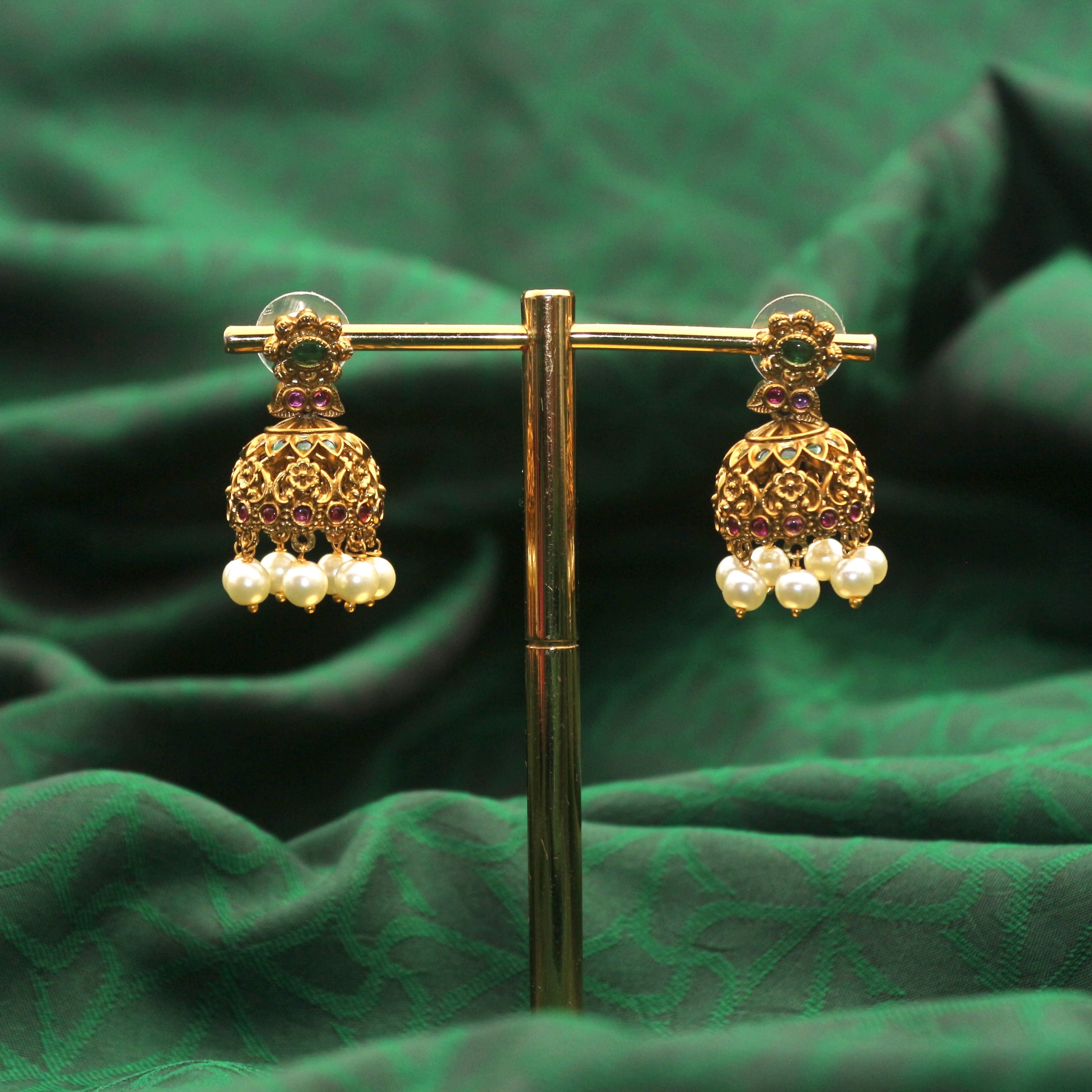 Antique Gold Cute Little AD Kemp Flower Jhumkas