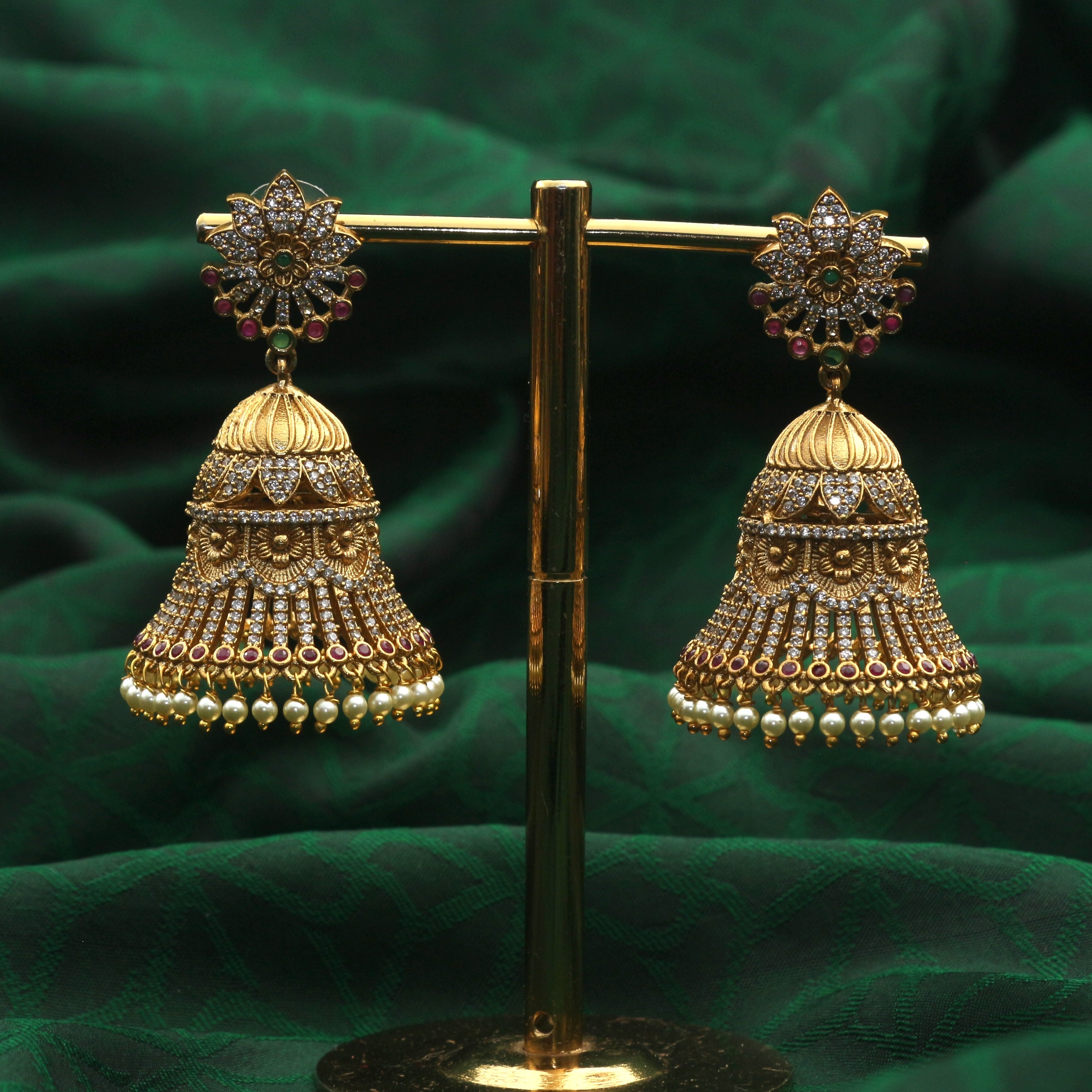 Antique Gold Grand AD Bridal Skirt Jhumkas