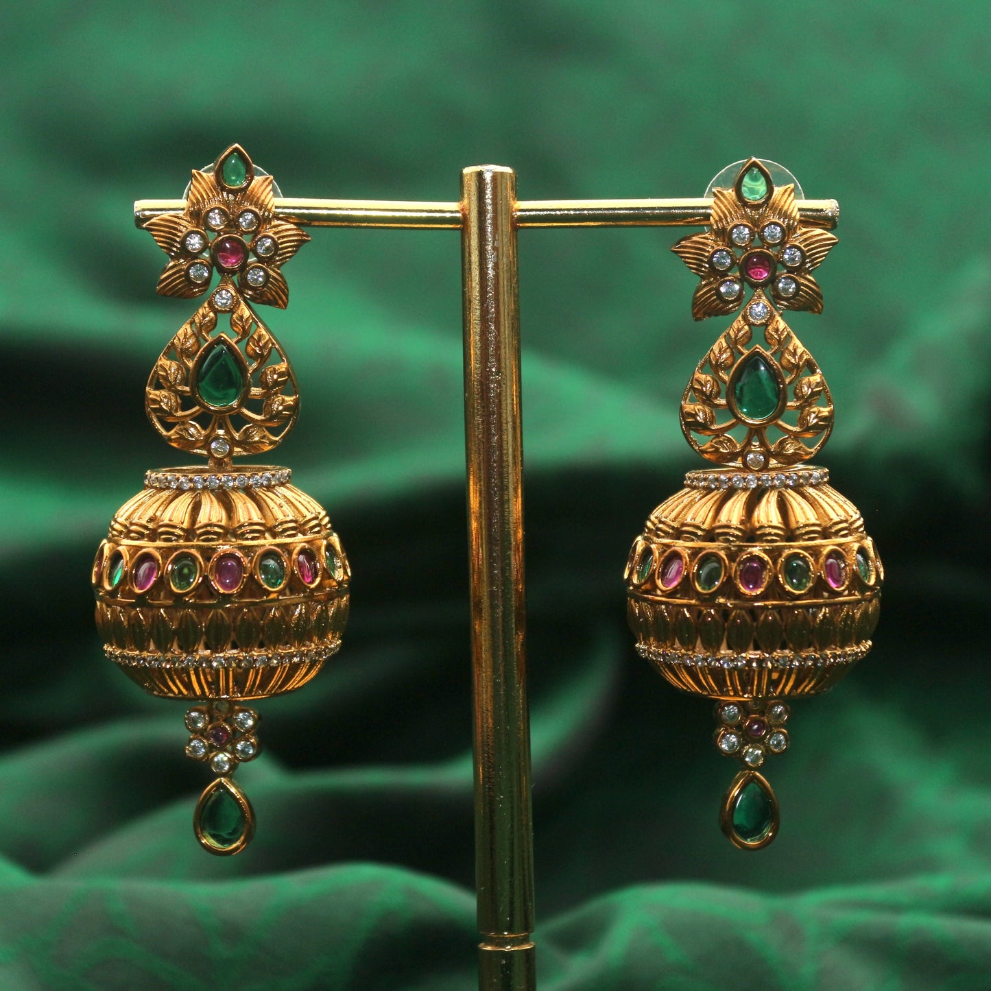Antique Gold AD Kemp Long Kundalam Earrings