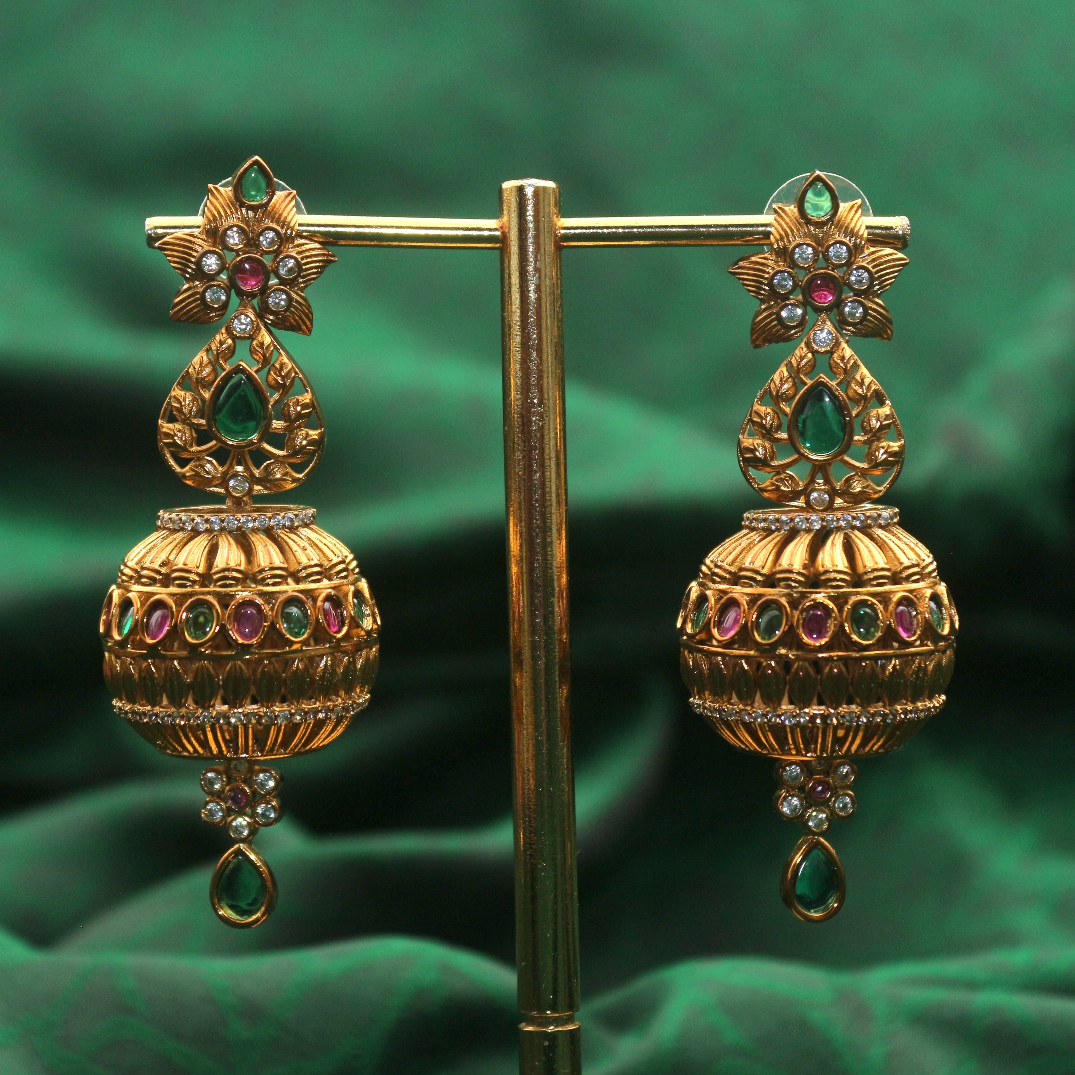 Antique Gold AD Kemp Long Kundalam Earrings