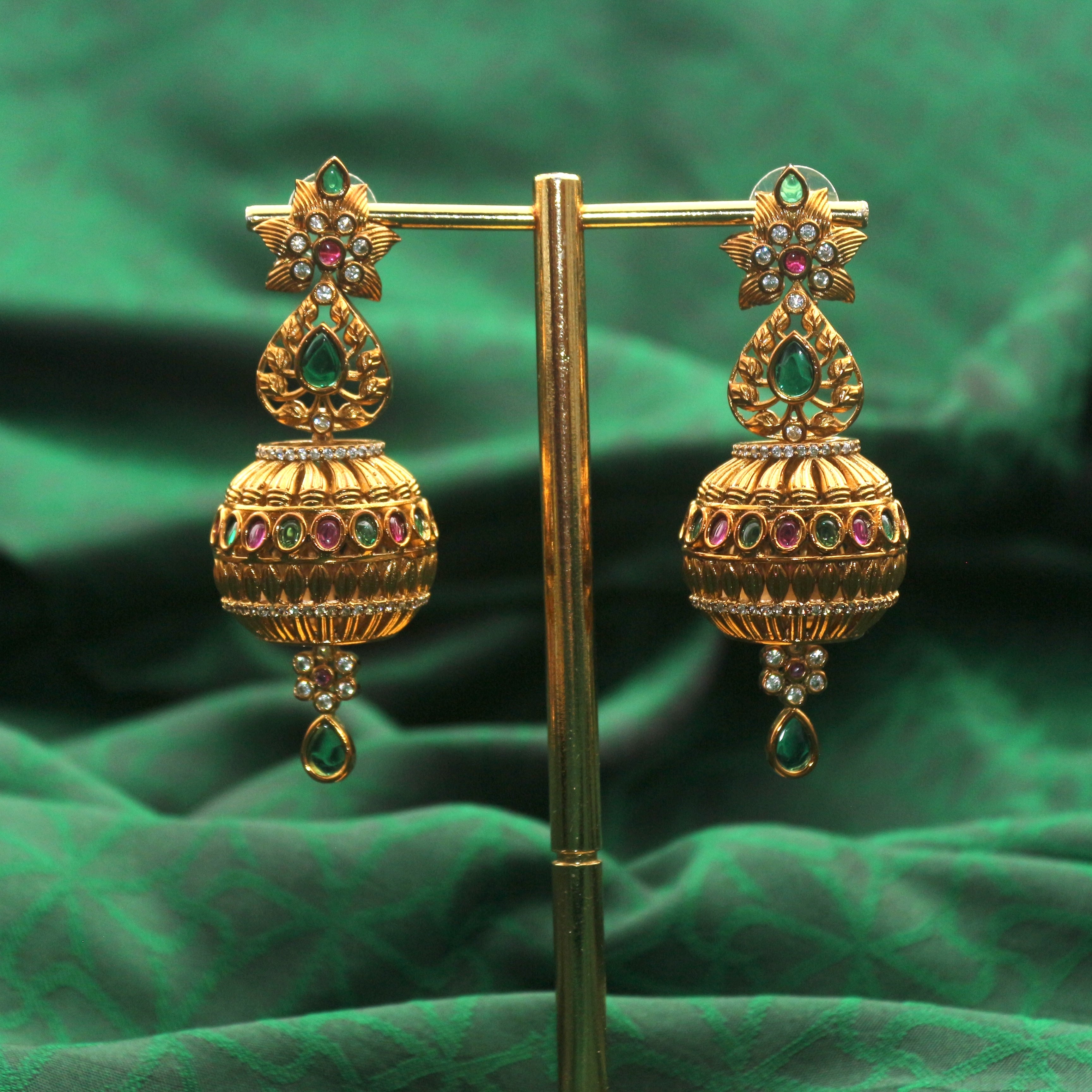 Antique Gold AD Kemp Long Kundalam Earrings