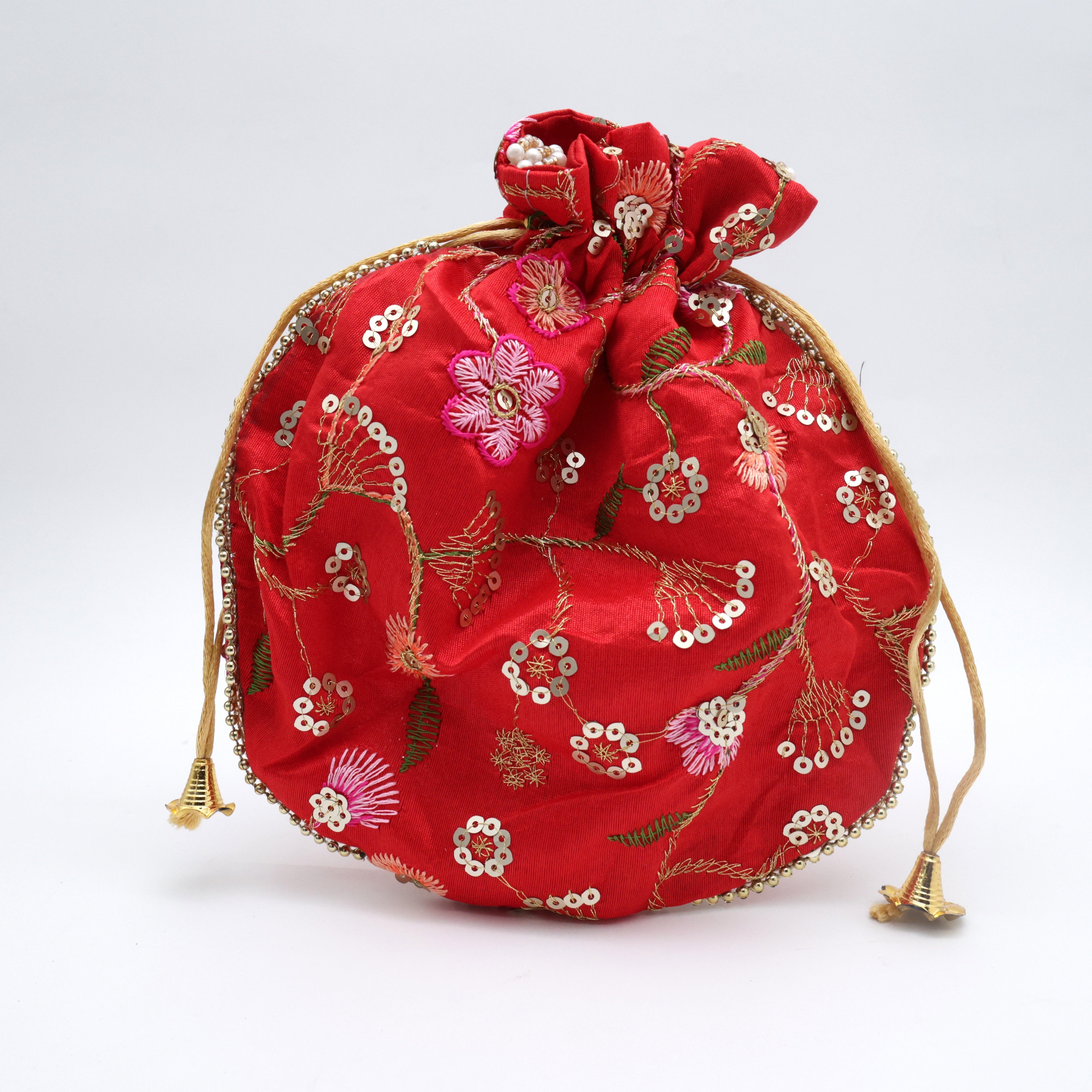 Embroidered Sequins Work Potli Bag - Red