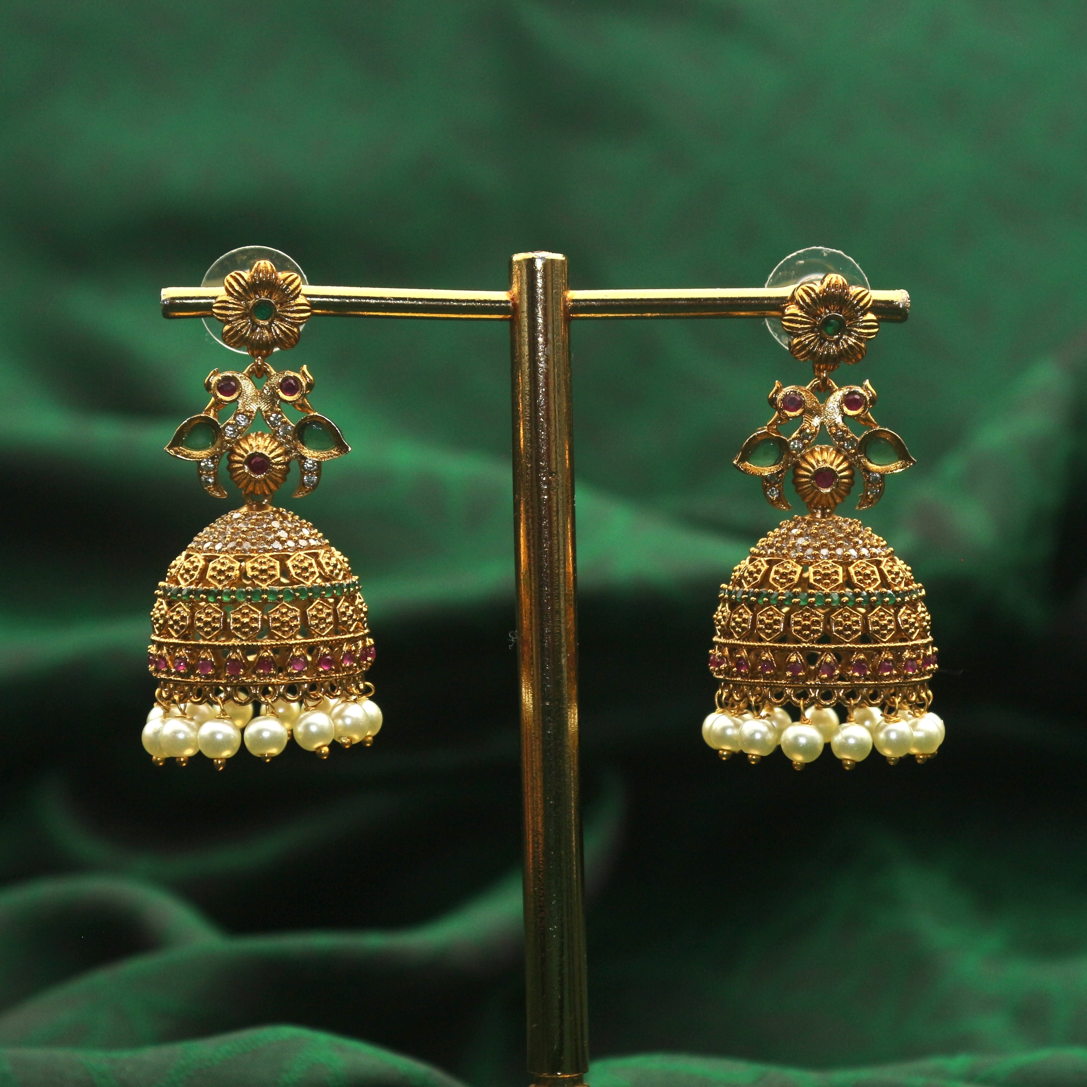 Antique Gold AD Kemp Floral Bridal Jhumkas