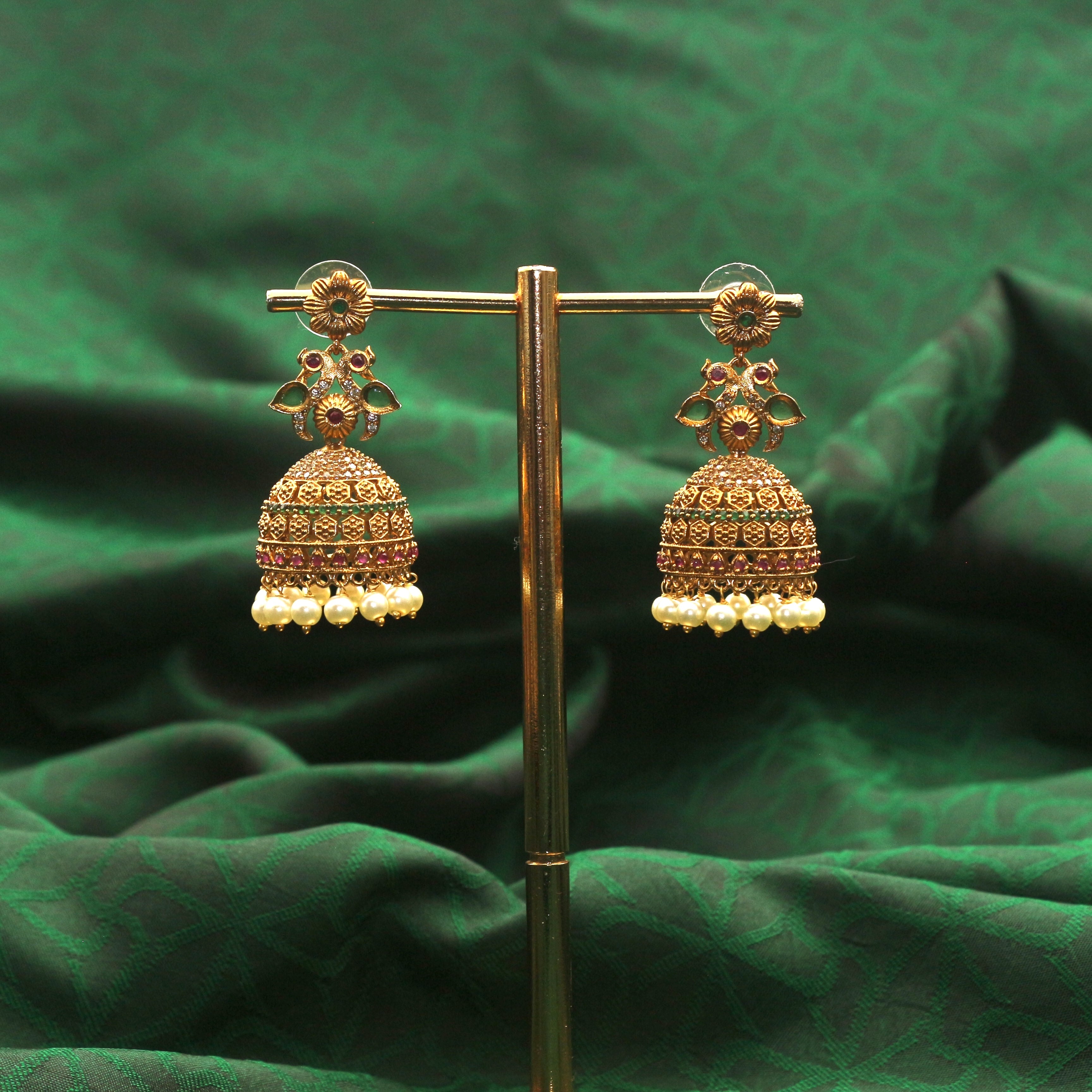 Antique Gold AD Kemp Floral Bridal Jhumkas