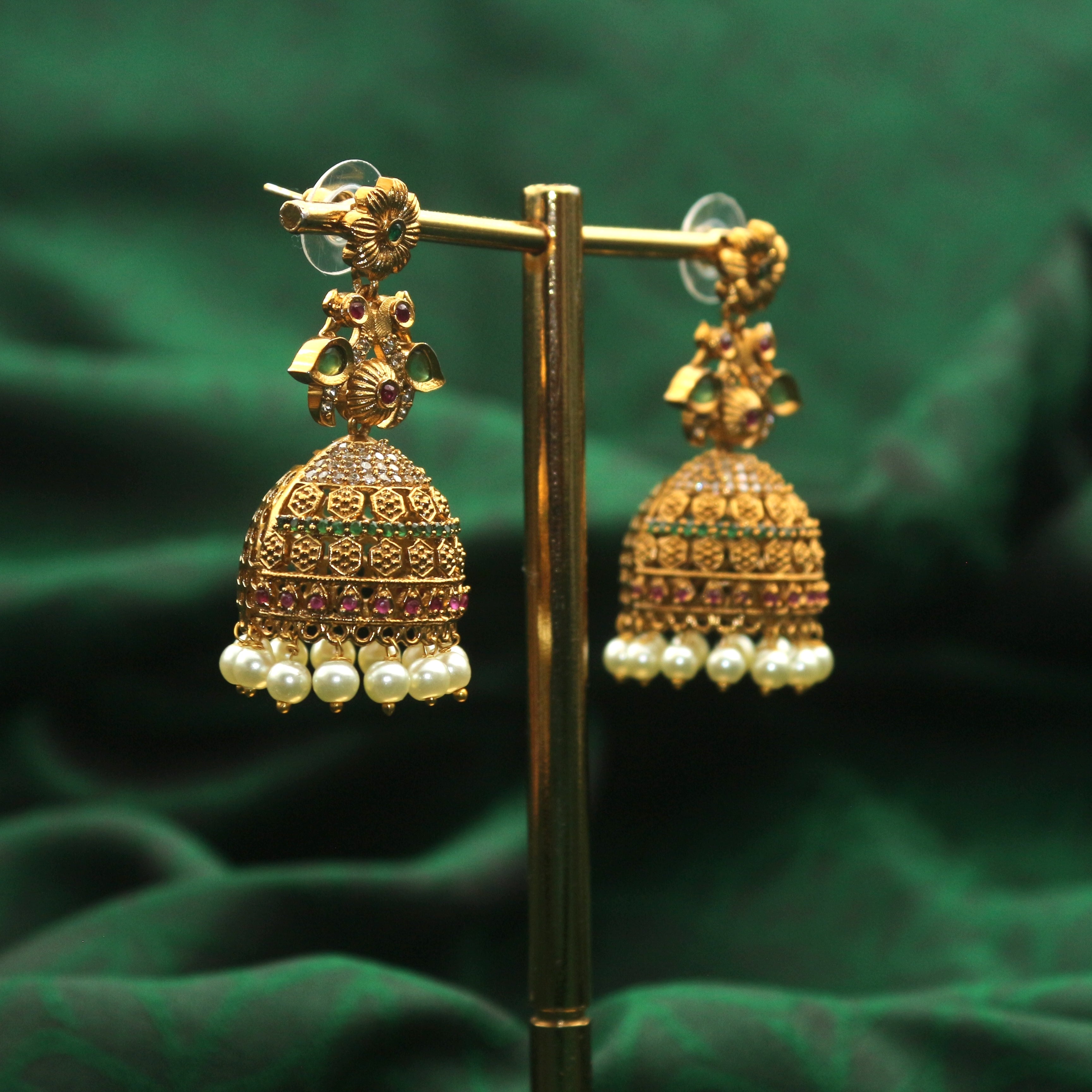 Antique Gold AD Kemp Floral Bridal Jhumkas