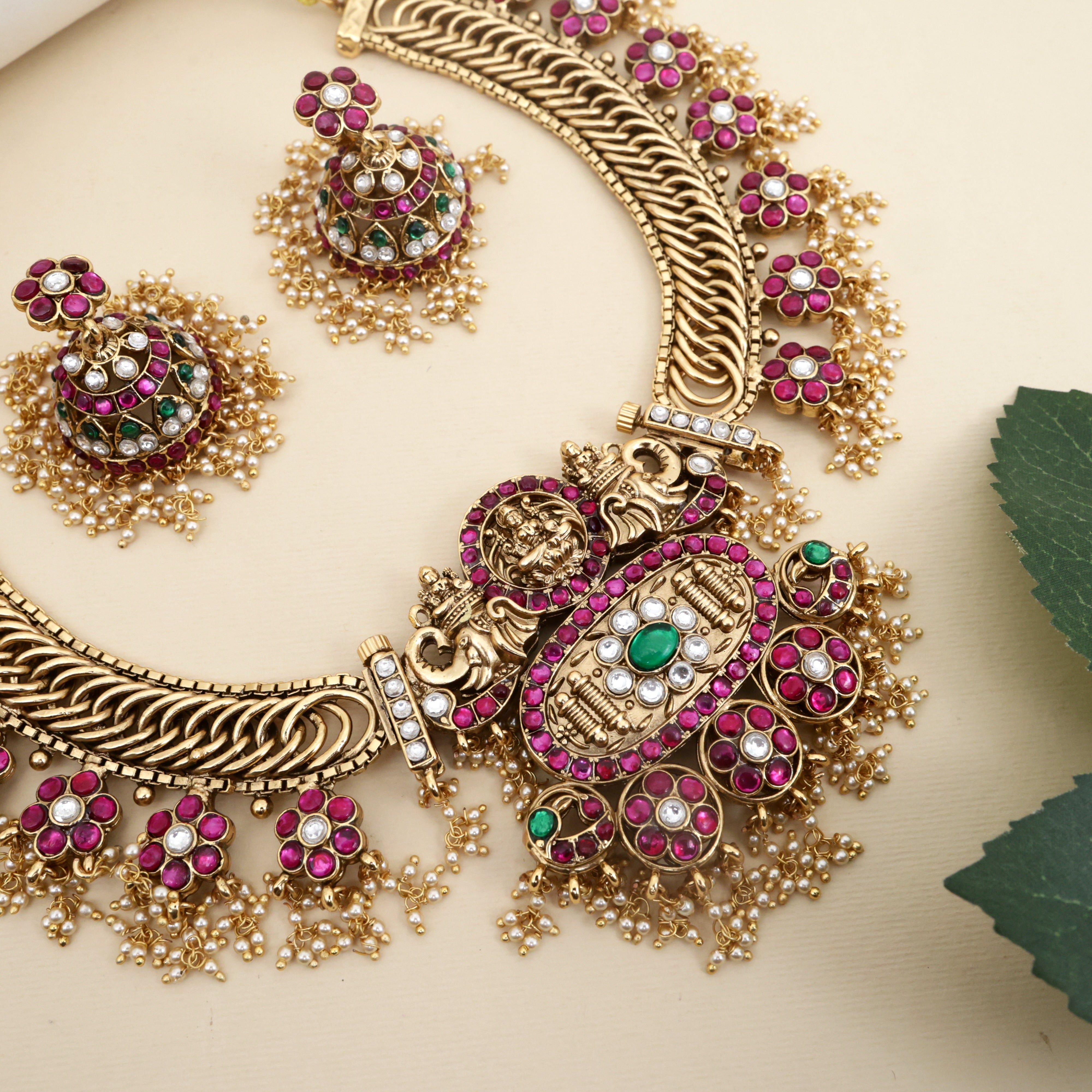 Premium Antique Kemp Kundan 4 in 1 Lakshmi Bridal Necklace Set
