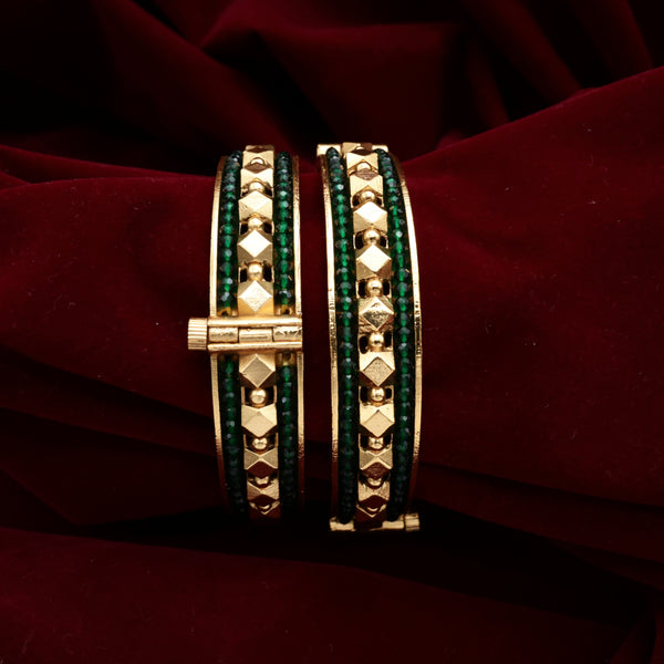 Antique Gold Thick Beads Border Gold Balls Openable Kada Bangles - Dark Green