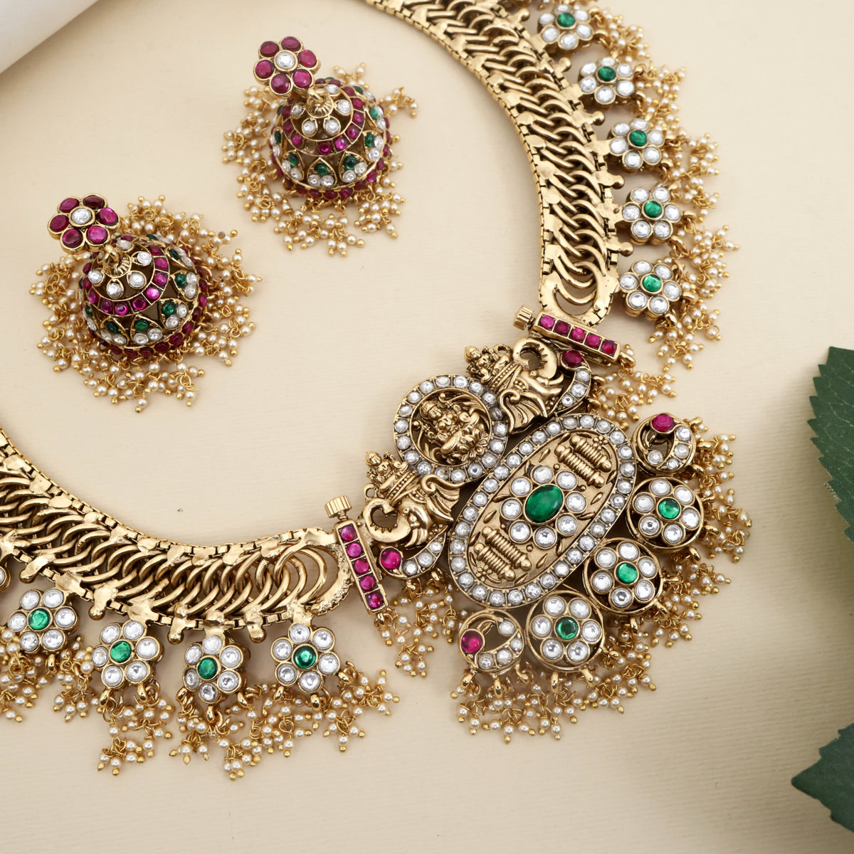 Premium Antique Kemp Kundan 4 in 1 Lakshmi Bridal Necklace Set