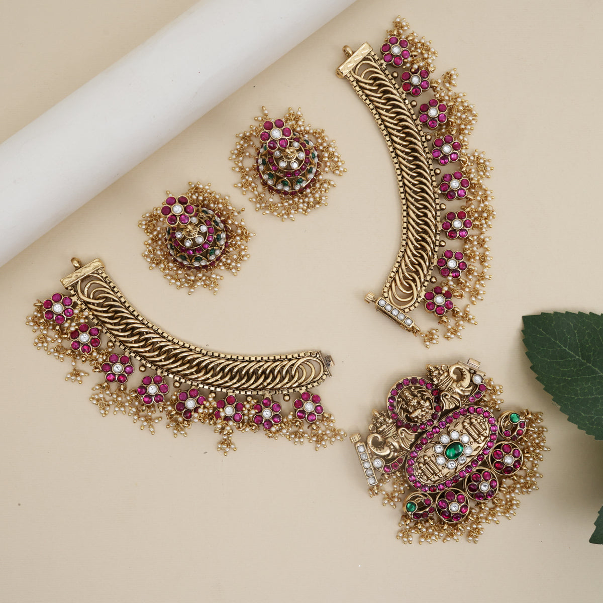 Premium Antique Kemp Kundan 4 in 1 Lakshmi Bridal Necklace Set