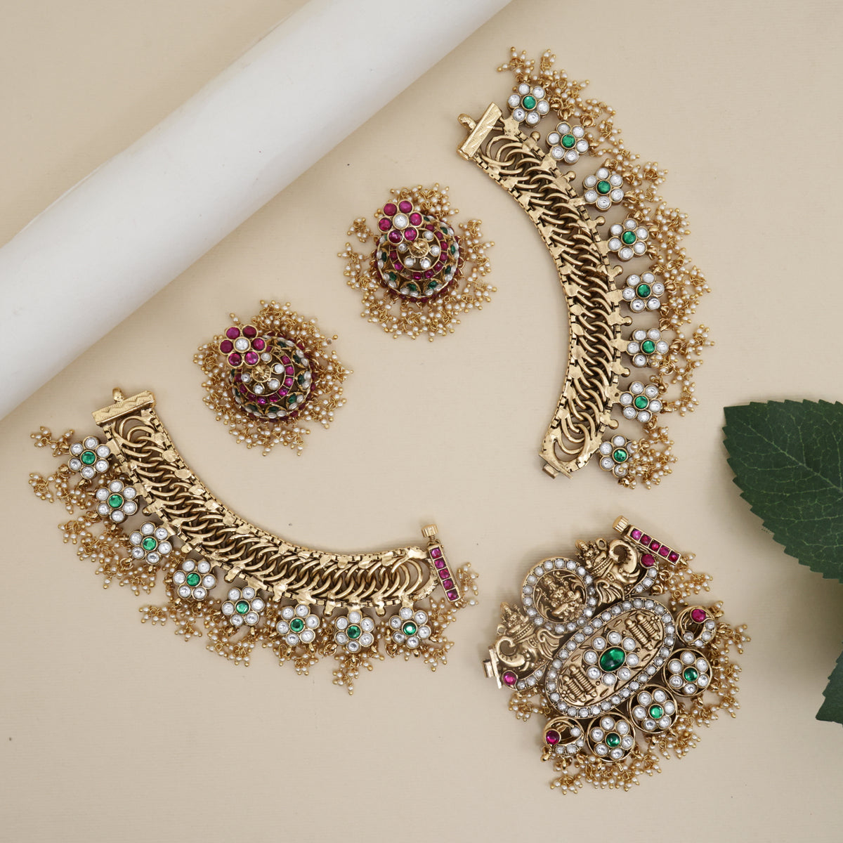 Premium Antique Kemp Kundan 4 in 1 Lakshmi Bridal Necklace Set