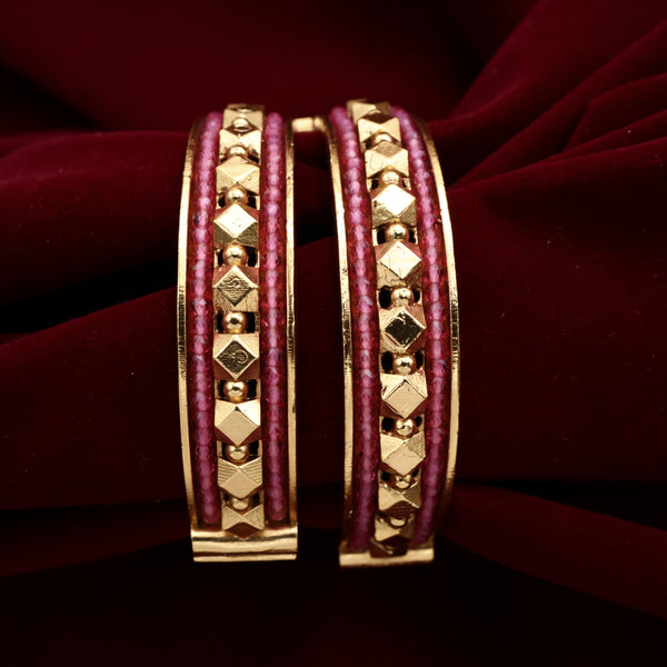 Antique Gold Thick Beads Border Gold Balls Openable Kada Bangles - Ruby