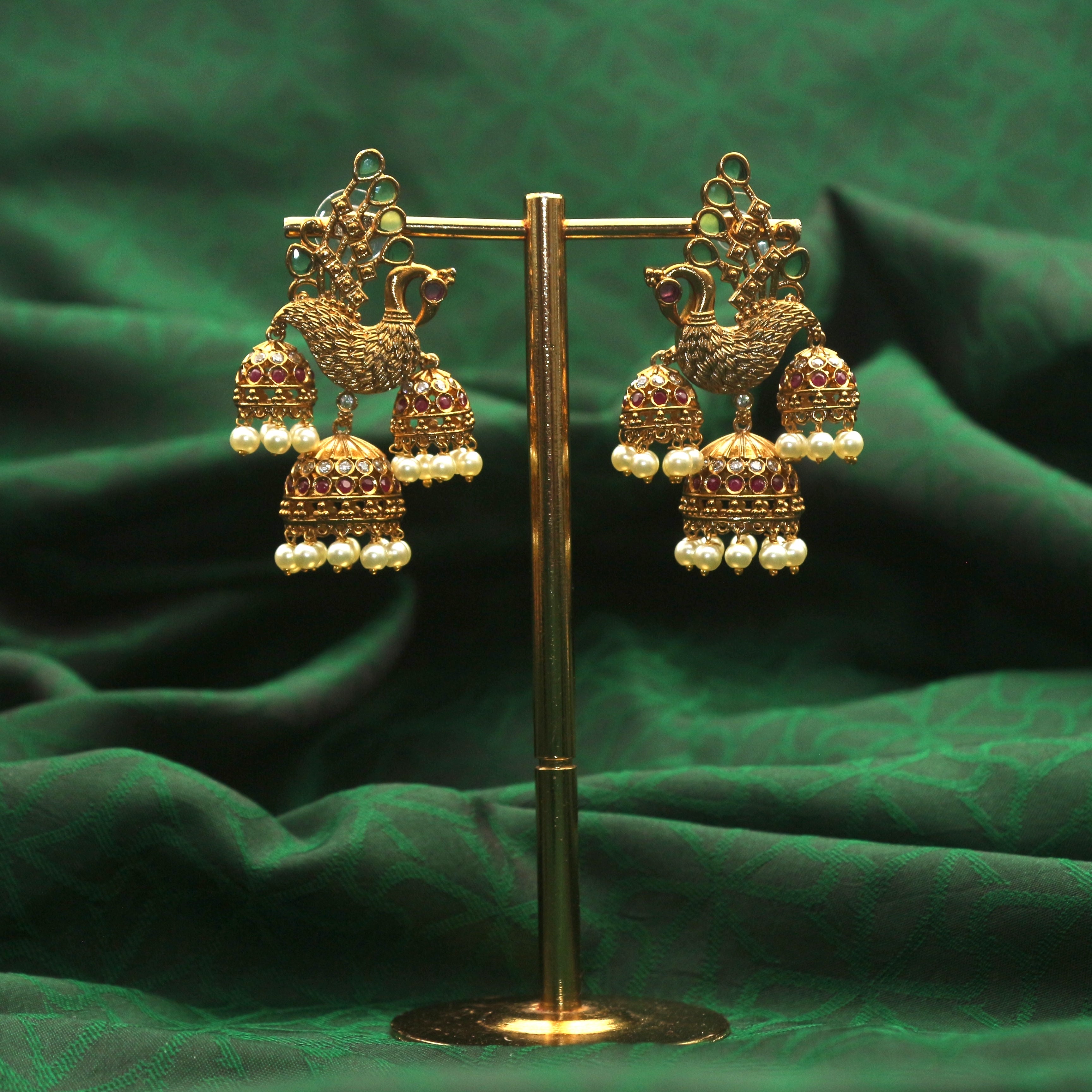 Antique Gold Grand Bridal Dropping AD Peacock Jhumkas