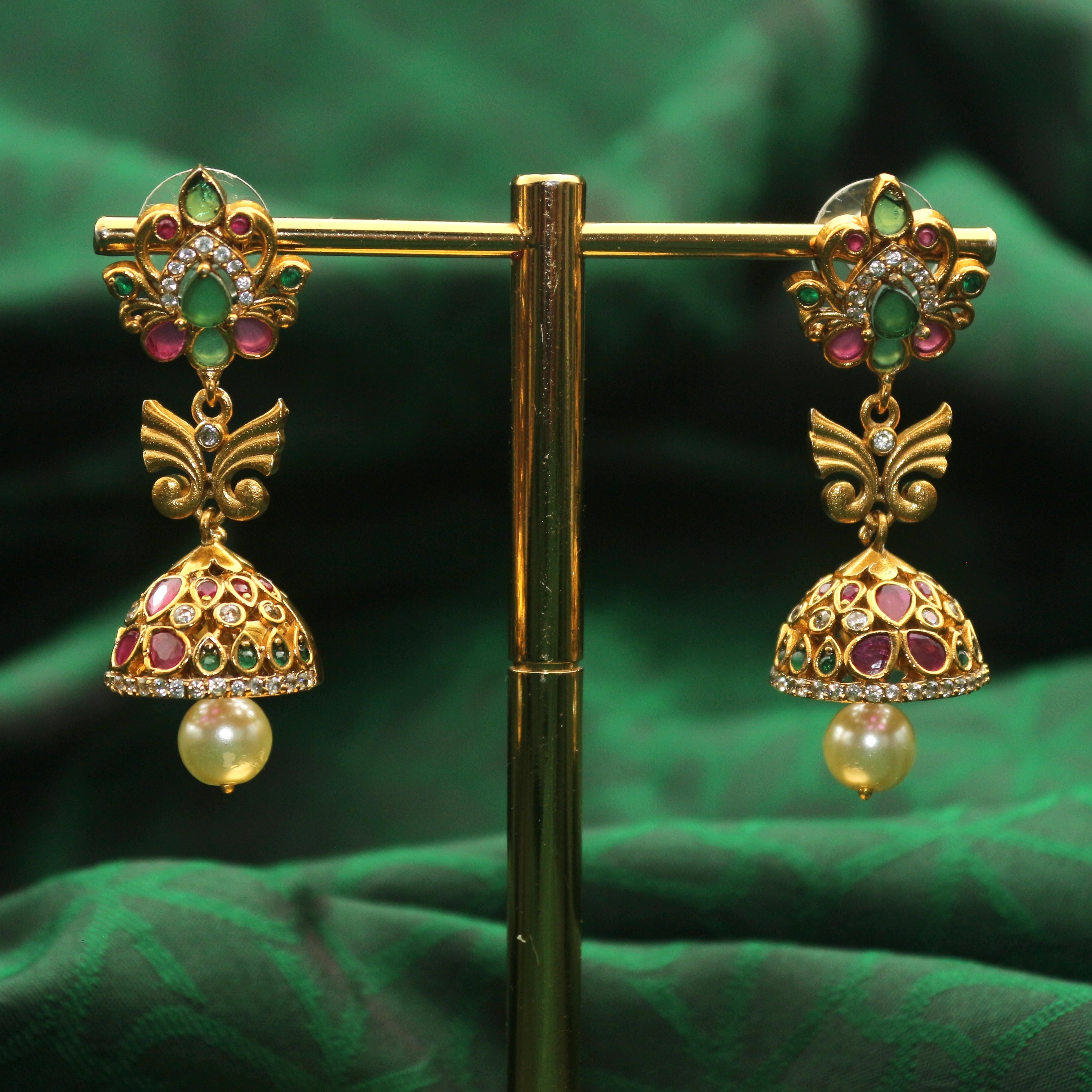 Antique Matte Cute Long Bridal AD Jhumkas