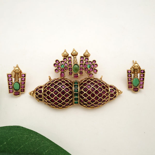 Premium Kemp Kundan Detachable Thiruman Pendant Set - Ruby & Green