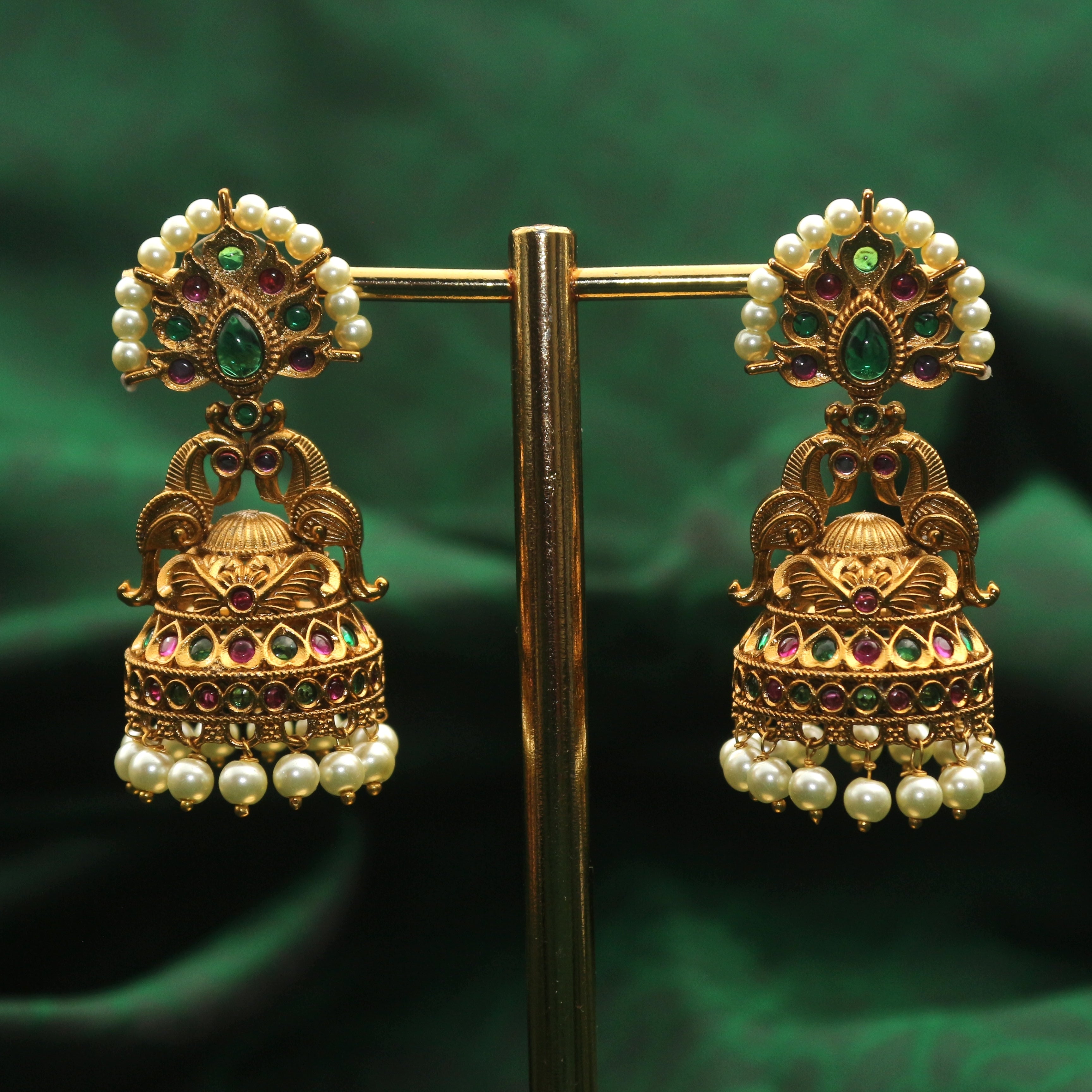 Antique Gold Rettapakshi Pearl Crown Bridal Jhumkas