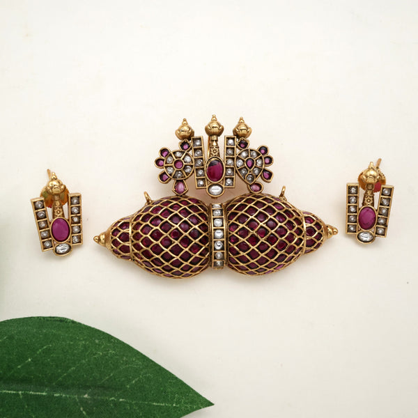 Premium Kemp Kundan Detachable Thiruman Pendant Set - Ruby & White