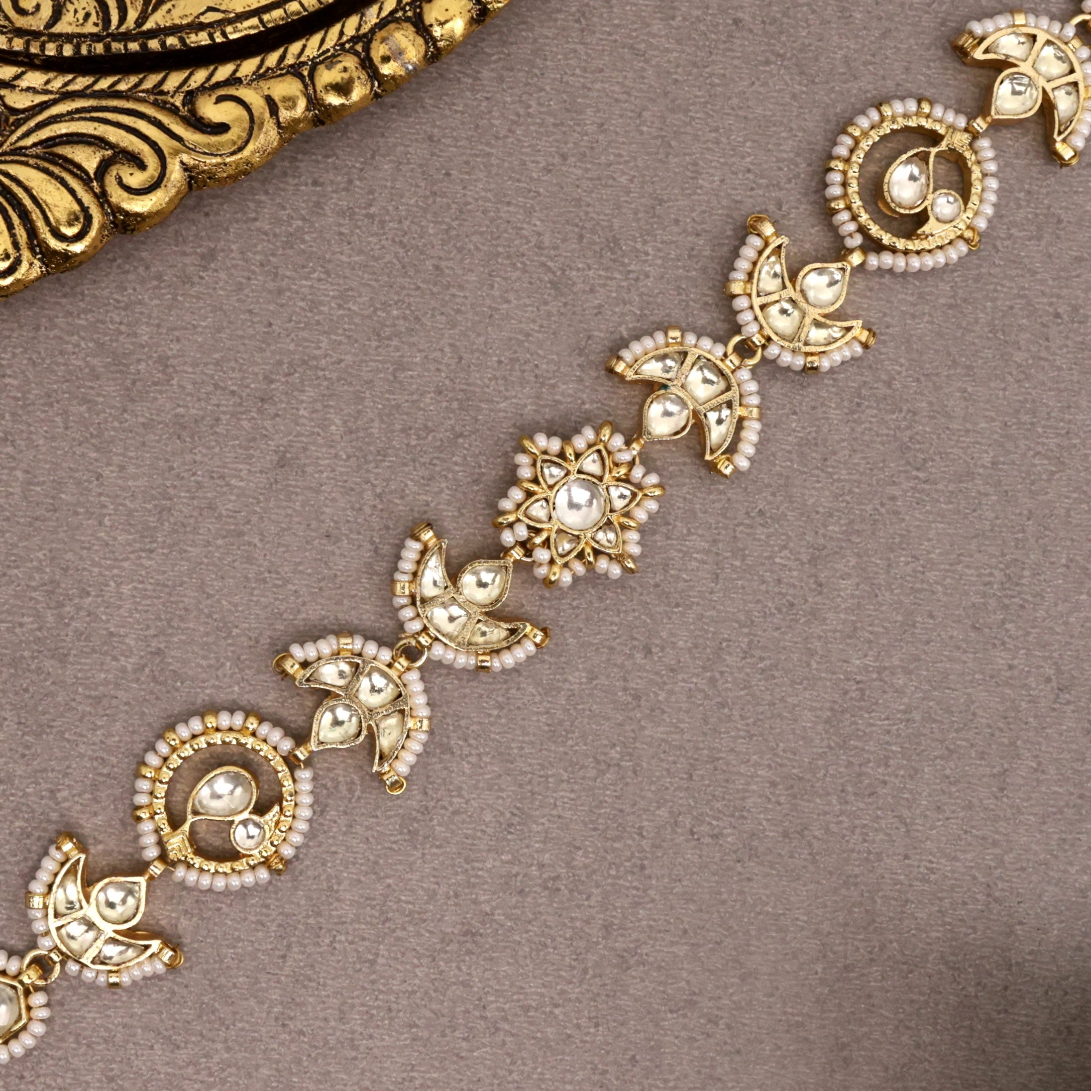 Premium Gold Tone Pachi Kundan Two In One Sheeshpool/Mathapatti Choker Set - Bird Star Moon