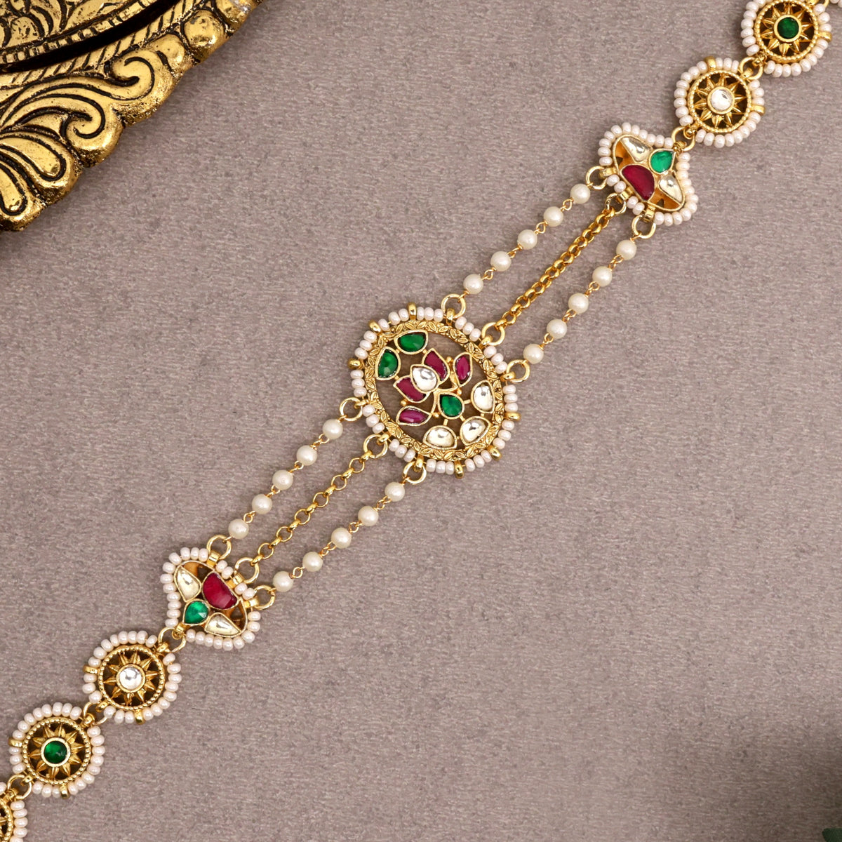 Premium Gold Tone Pachi Kundan Two In One Sheeshpool/Mathapatti Choker Set - Bud Bloomed Lotus