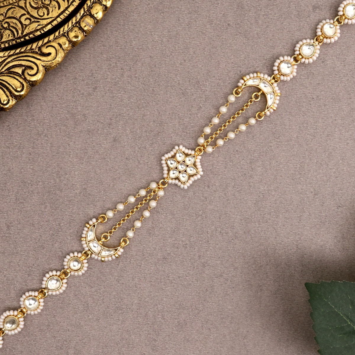 Premium Gold Tone Pachi Kundan Two In One Sheeshpool/Mathapatti Choker Set - Moon Star