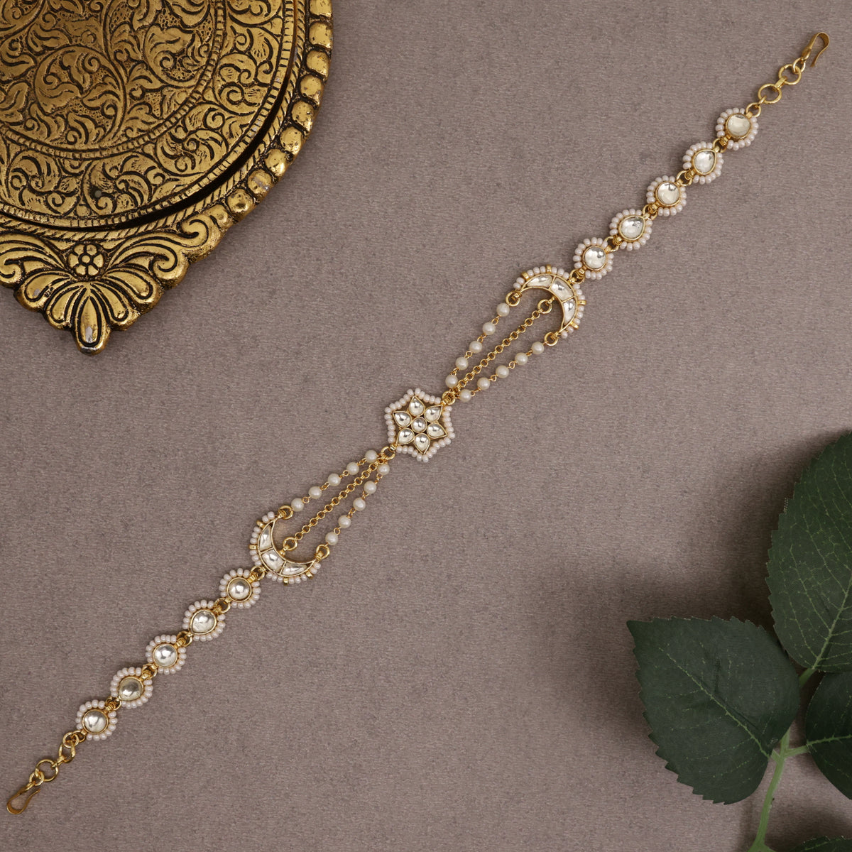 Premium Gold Tone Pachi Kundan Two In One Sheeshpool/Mathapatti Choker Set - Moon Star