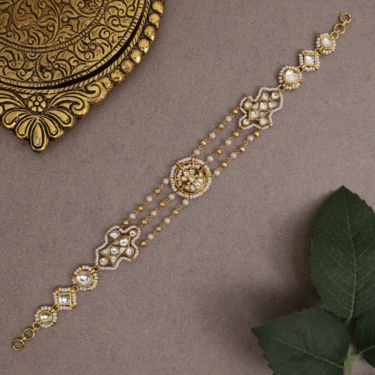Premium Gold Tone Pachi Kundan Two In One Sheeshpool/Mathapatti Choker Set - Fish & Lotus