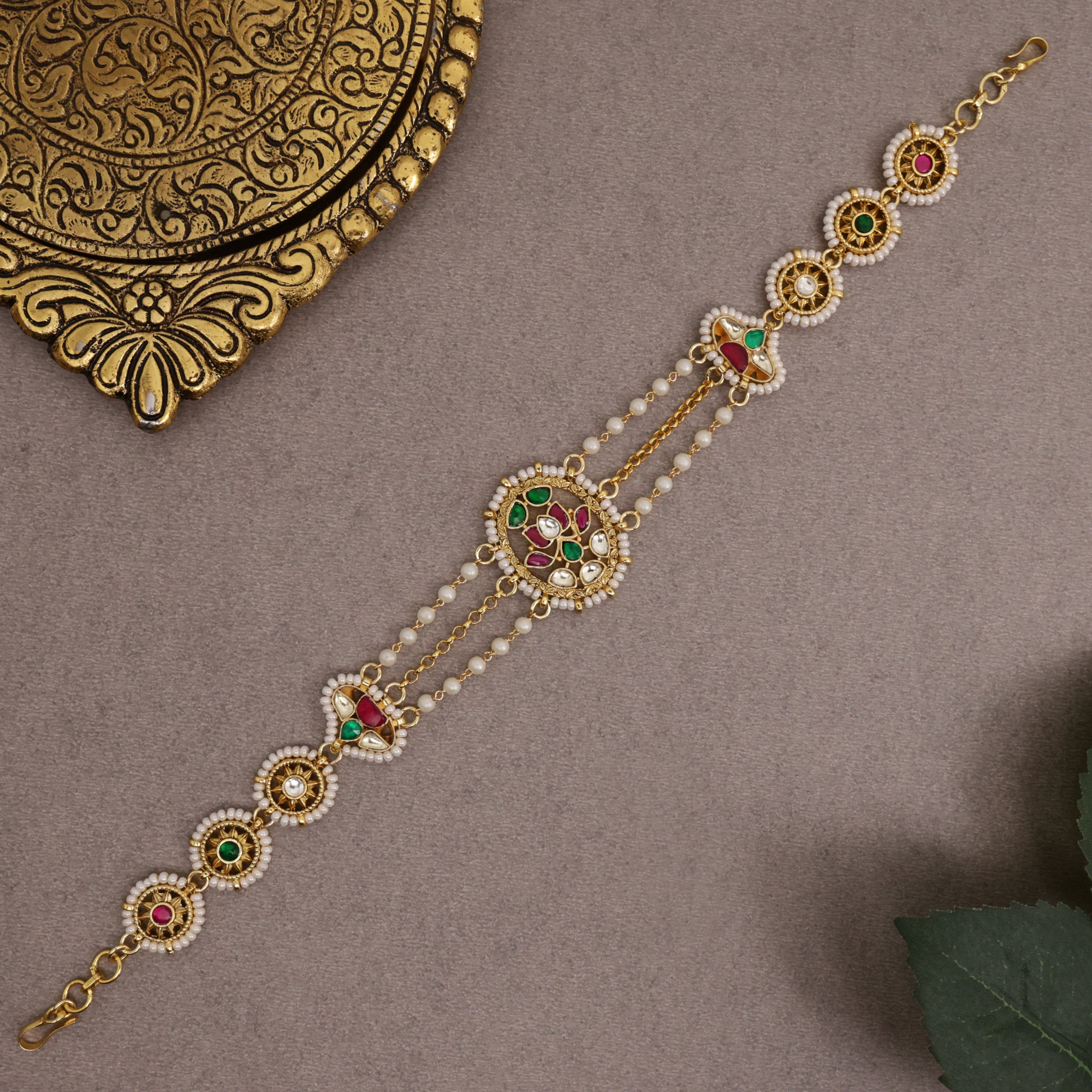 Premium Gold Tone Pachi Kundan Two In One Sheeshpool/Mathapatti Choker Set - Bud Bloomed Lotus