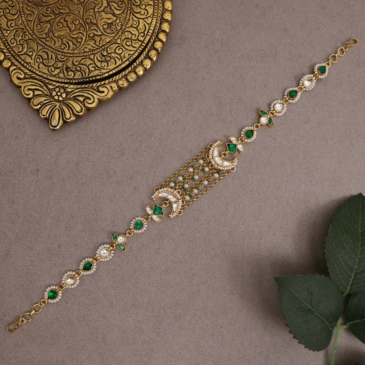 Premium Gold Tone Pachi Kundan Two In One Sheeshpool/Mathapatti - Flower Bud Chaand
