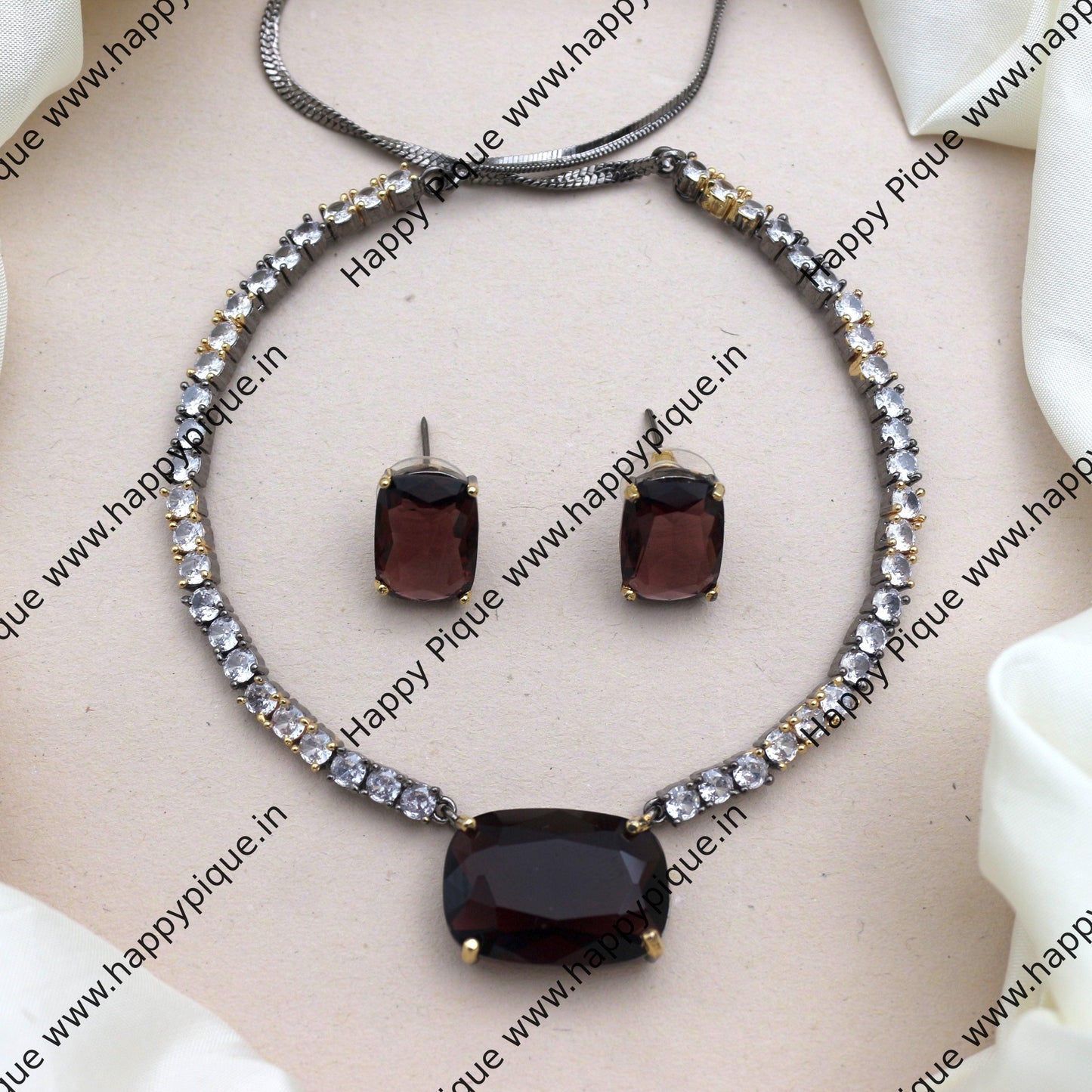 Simple AD Dual Tone Polish Big Rectangle Stone Necklace