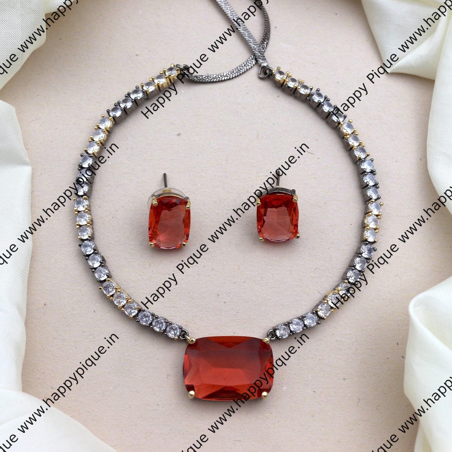 Simple AD Dual Tone Polish Big Rectangle Stone Necklace