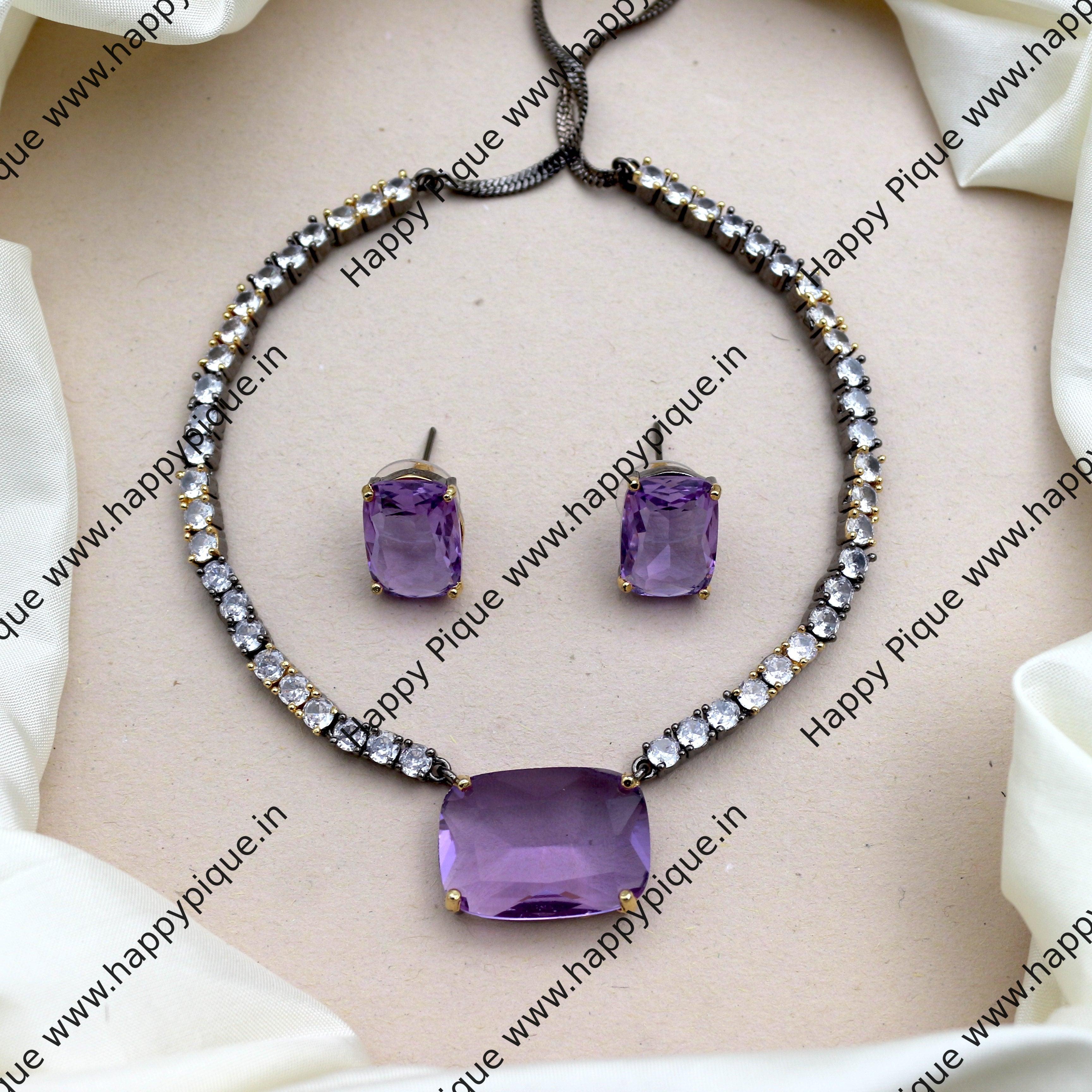 Simple AD Dual Tone Polish Big Rectangle Stone Necklace