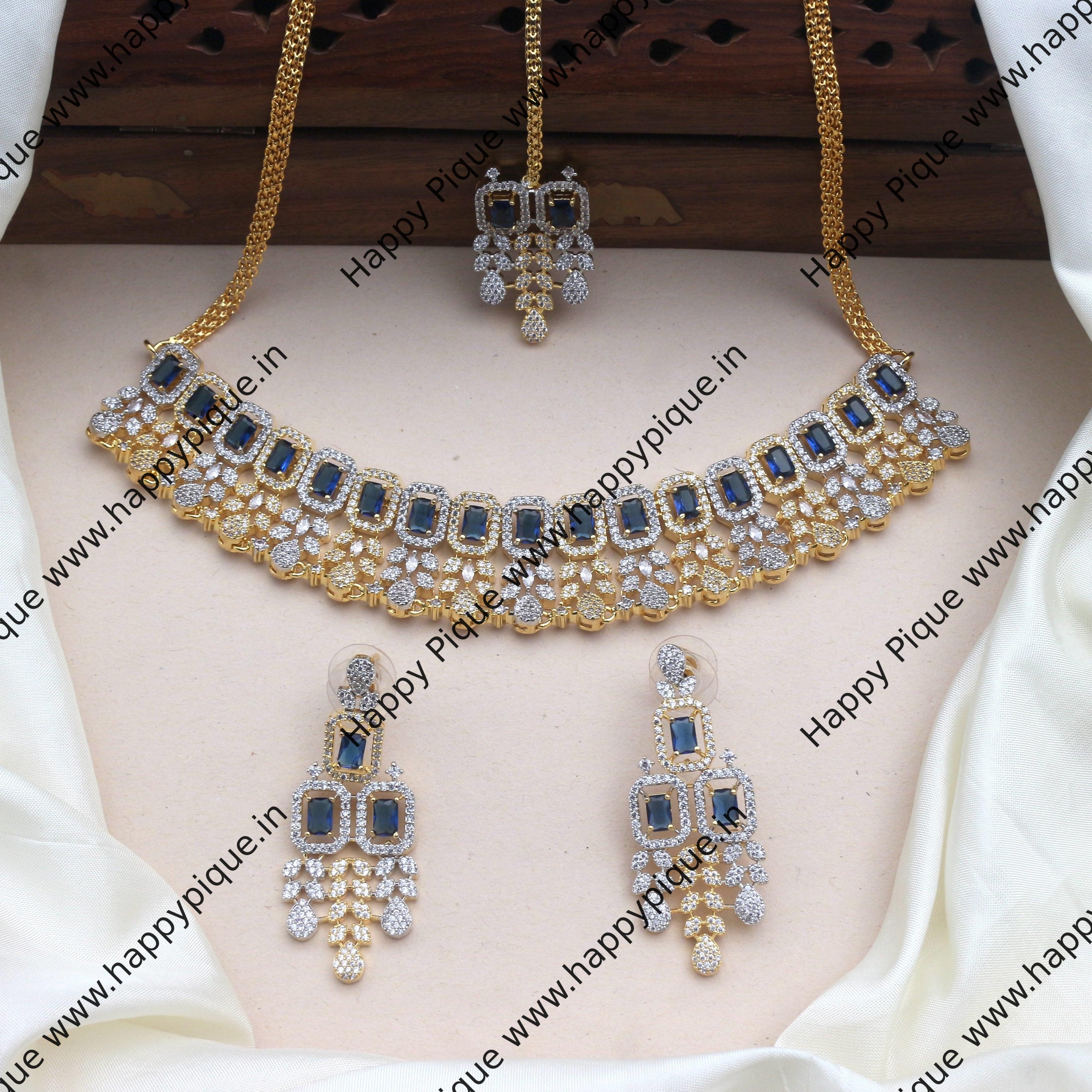 Premium AD Ganga Jamuna Polish Bridal Choker Set with Maang Teeka