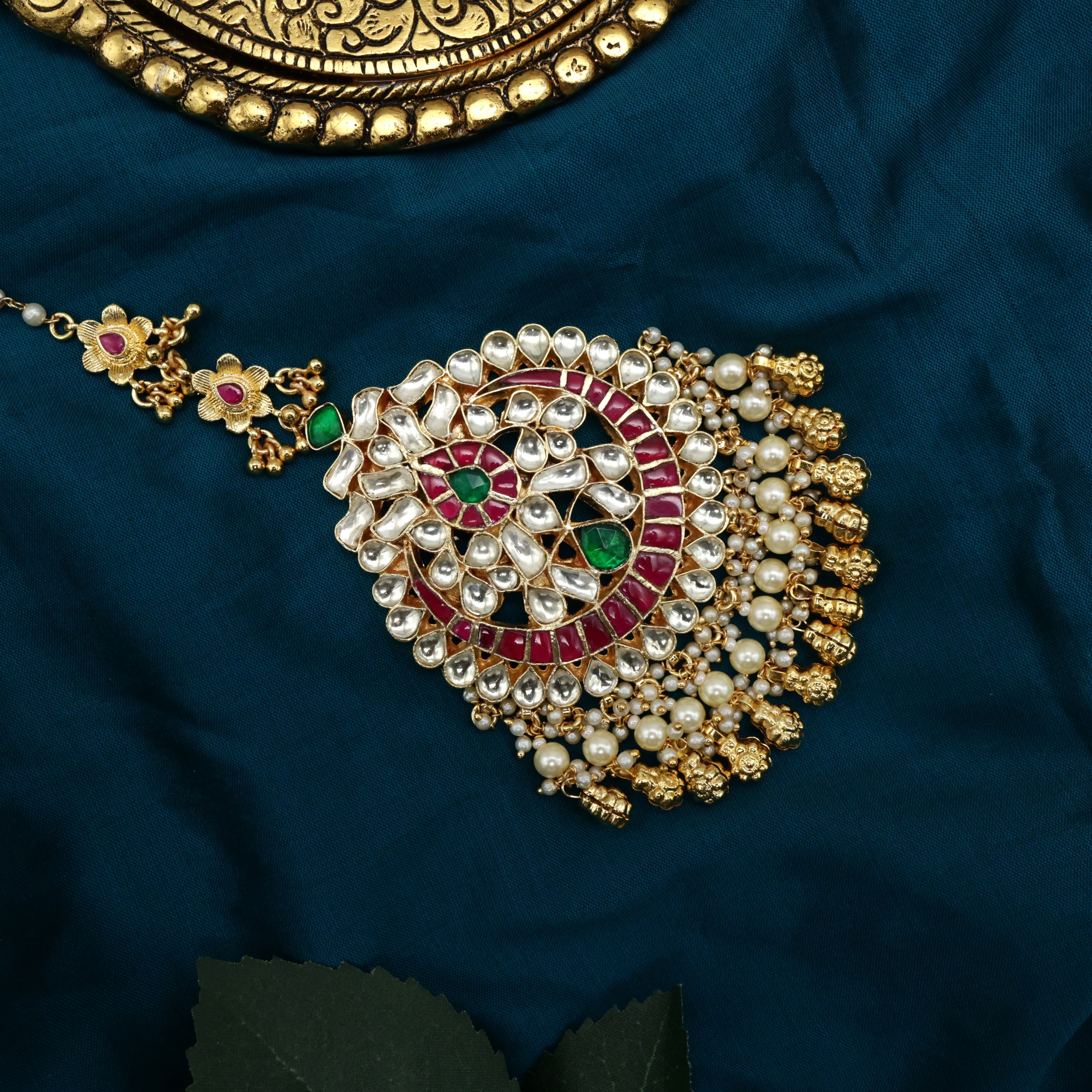 Pachi Kundan Big Bridal Floral Maang Tikka