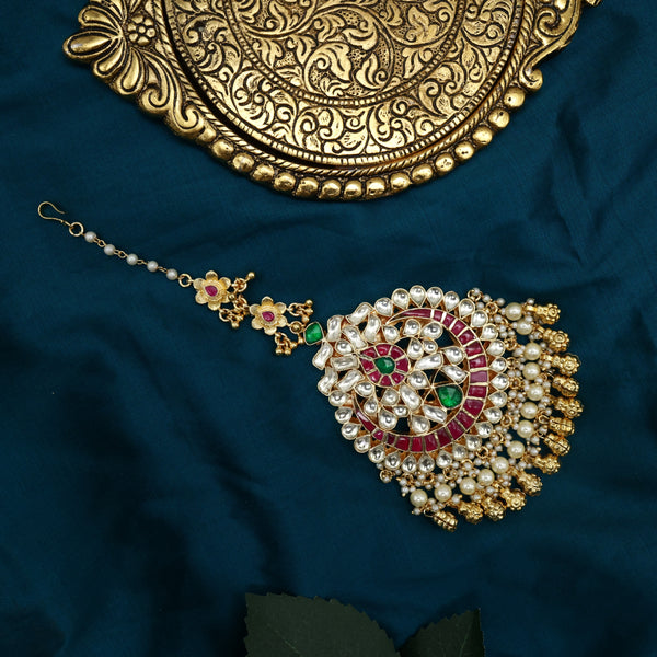 Pachi Kundan Big Bridal Floral Maang Tikka