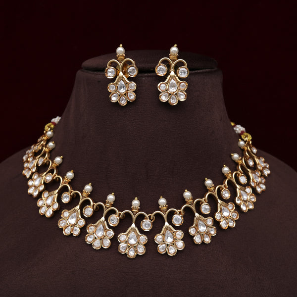 Jadau Kundan Hanging Flower Bridal Necklace Set - White