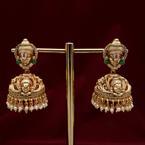 Antique Nagas Jadau Kundan Enamel Work Lord Balaji Bridal Jhumkas - Green