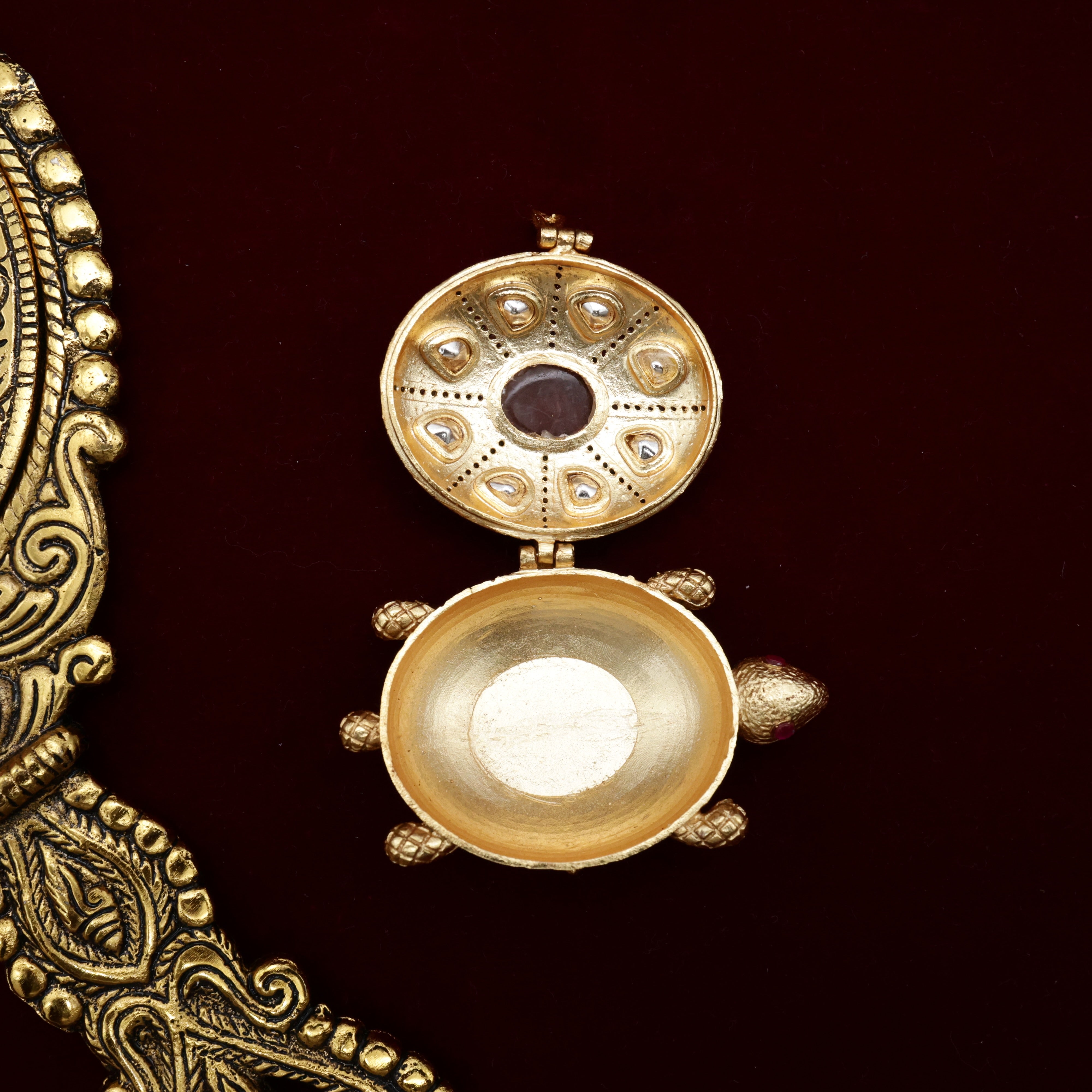 Premium Antique Nagas Auspicious Tortoise Kumkum Box/Bharani/Sindoor Dabbi - Red