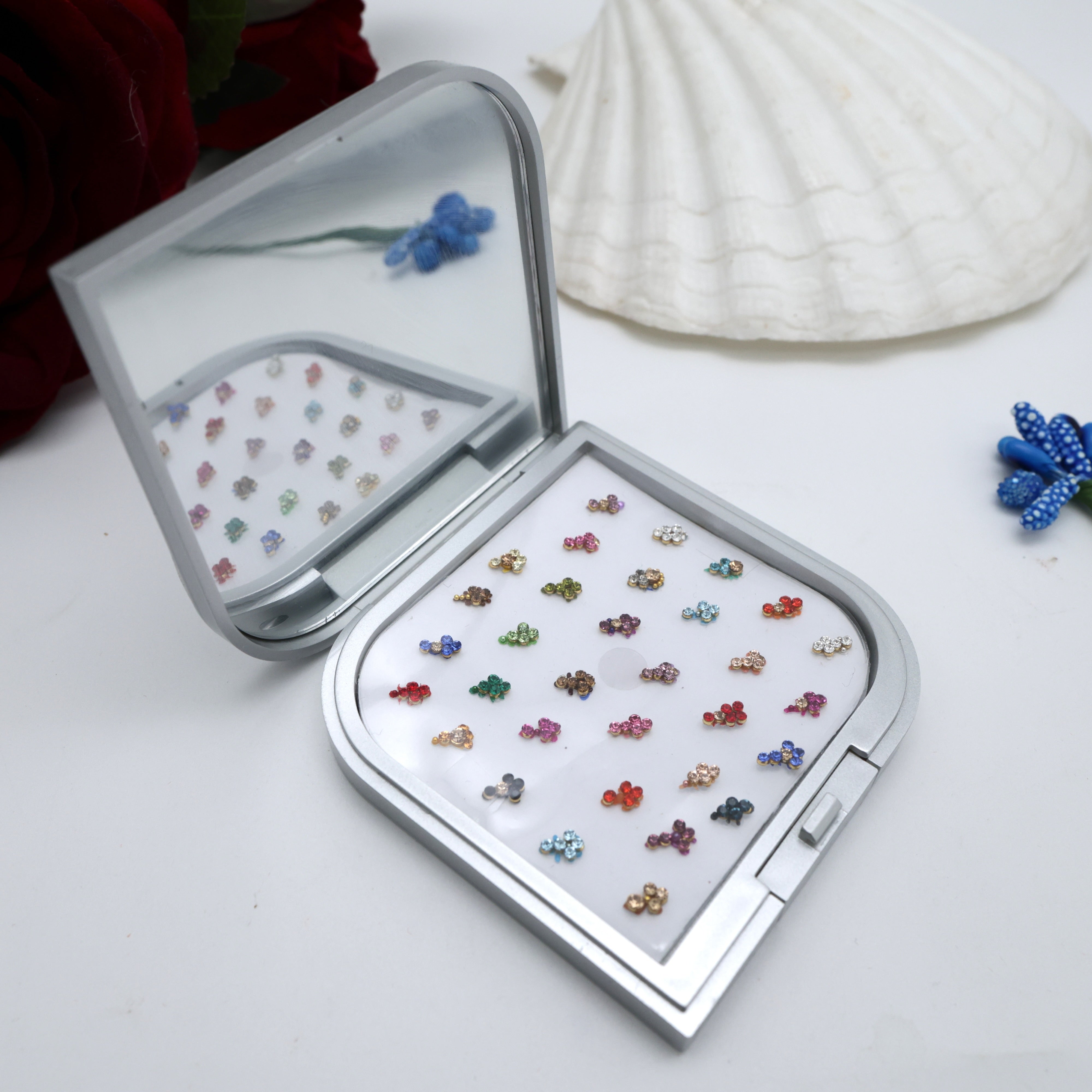 PREMIUM FANCY BRIDAL FLOWER STONE BINDIS BOX WITH MIRROR
