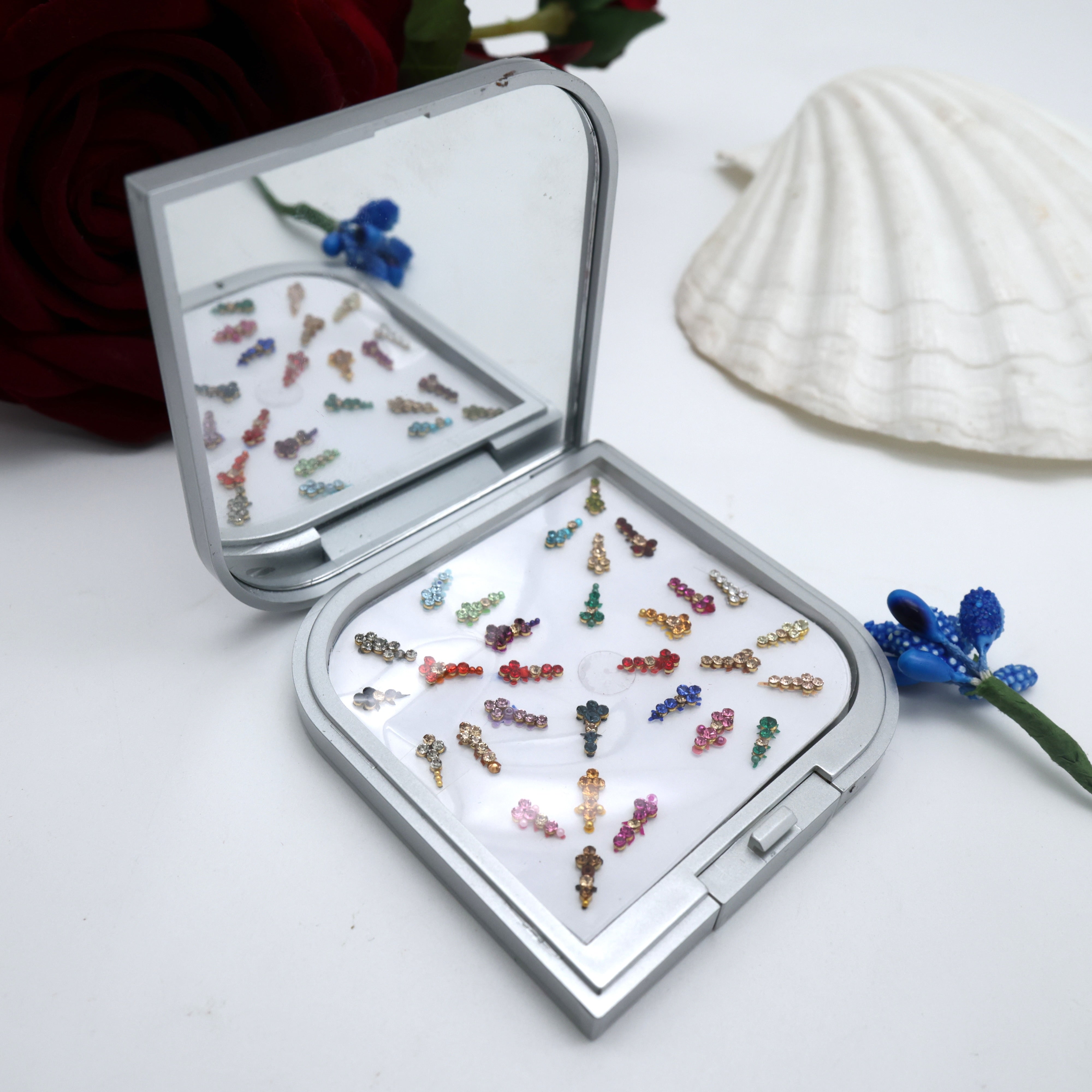 3Premium Fancy Bridal Tilak Bindis Box with Mirror